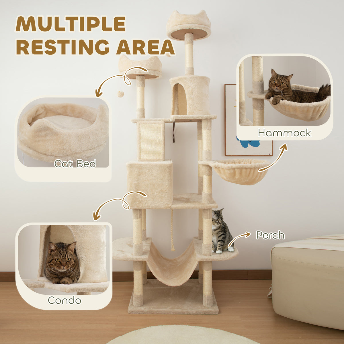 81" Large Cat Tree with Scratching Posts & Condos - Beige-Cats-DECOROLALA