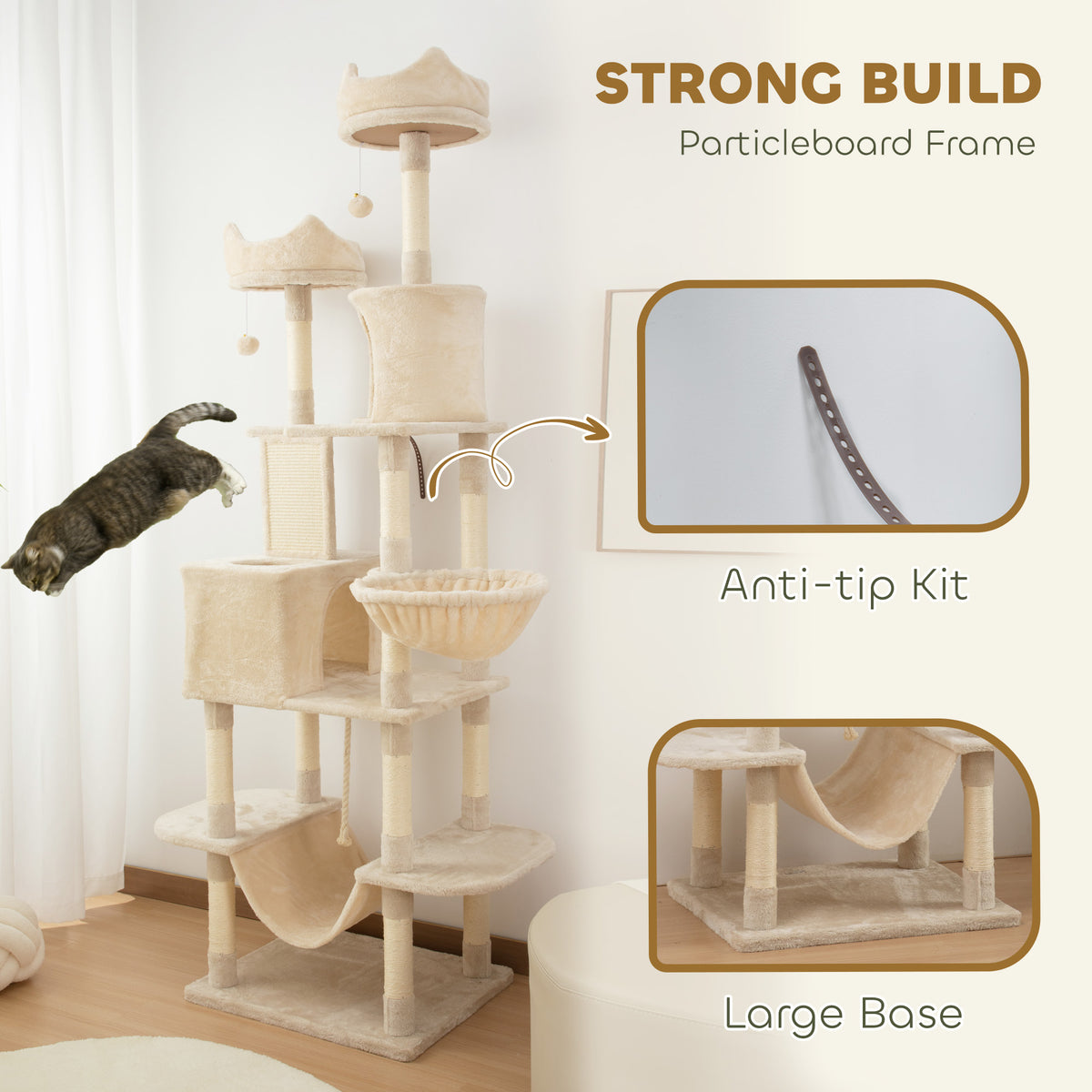 81" Large Cat Tree with Scratching Posts & Condos - Beige-Cats-DECOROLALA