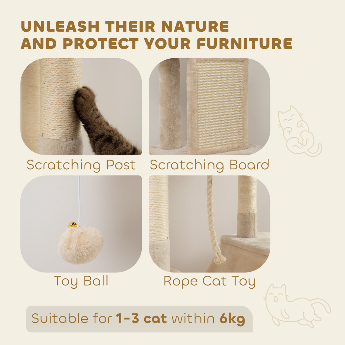 81" Large Cat Tree with Scratching Posts & Condos - Beige-Cats-DECOROLALA
