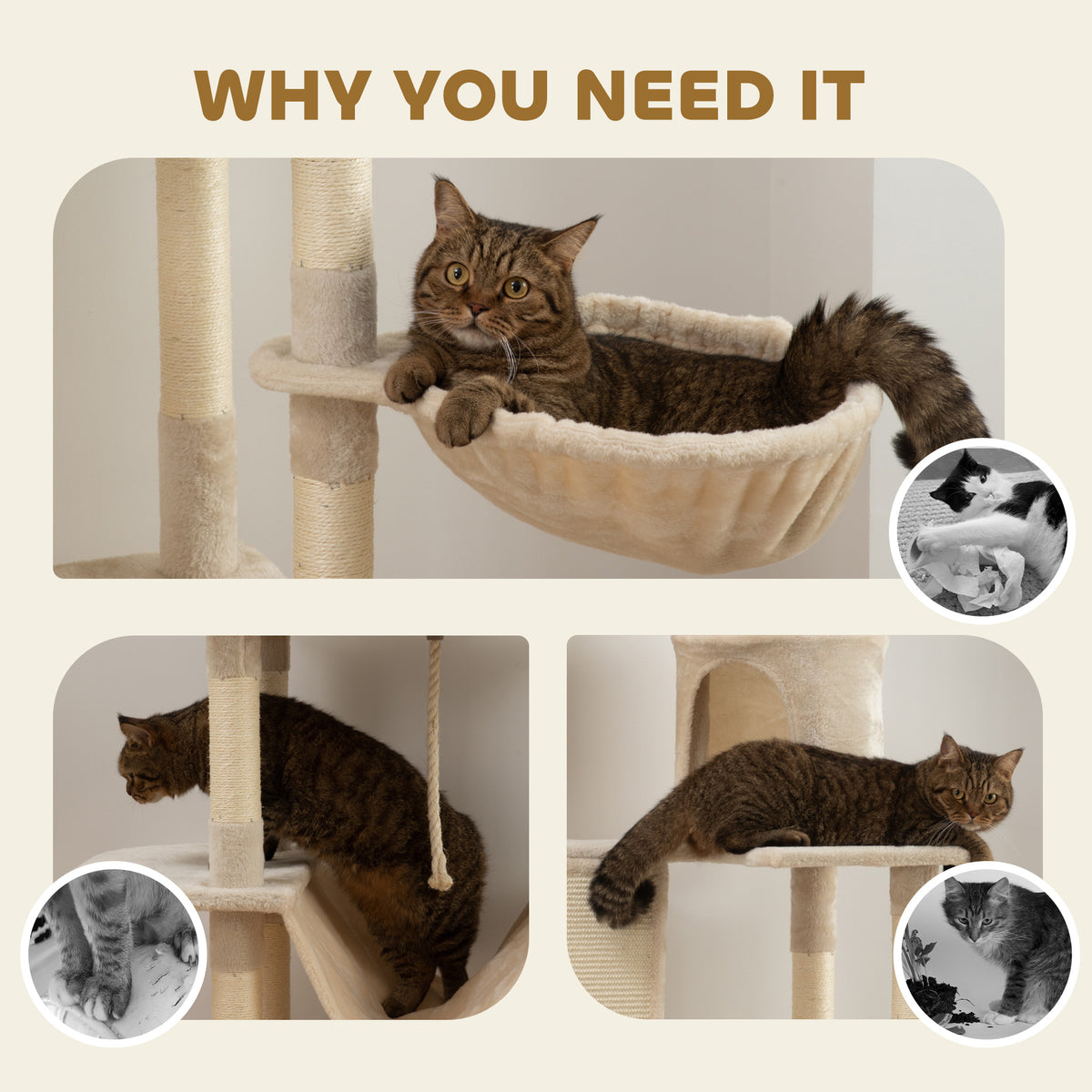 81" Large Cat Tree with Scratching Posts & Condos - Beige-Cats-DECOROLALA