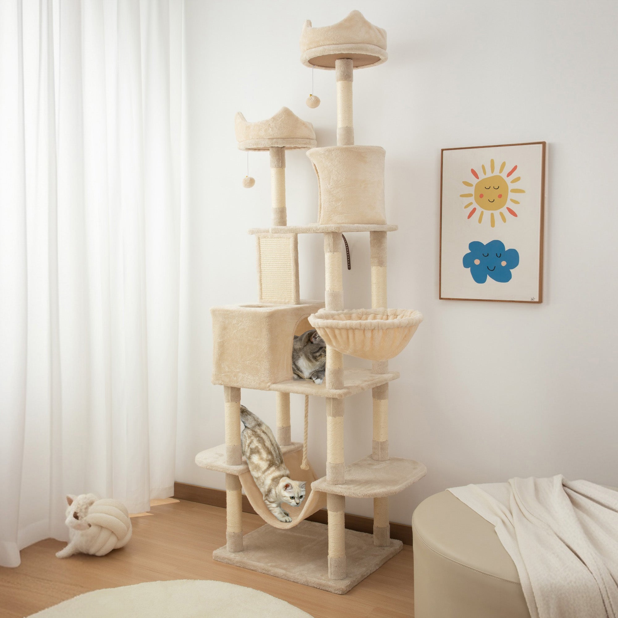 81" Large Cat Tree with Scratching Posts & Condos - Beige-Cats-DECOROLALA