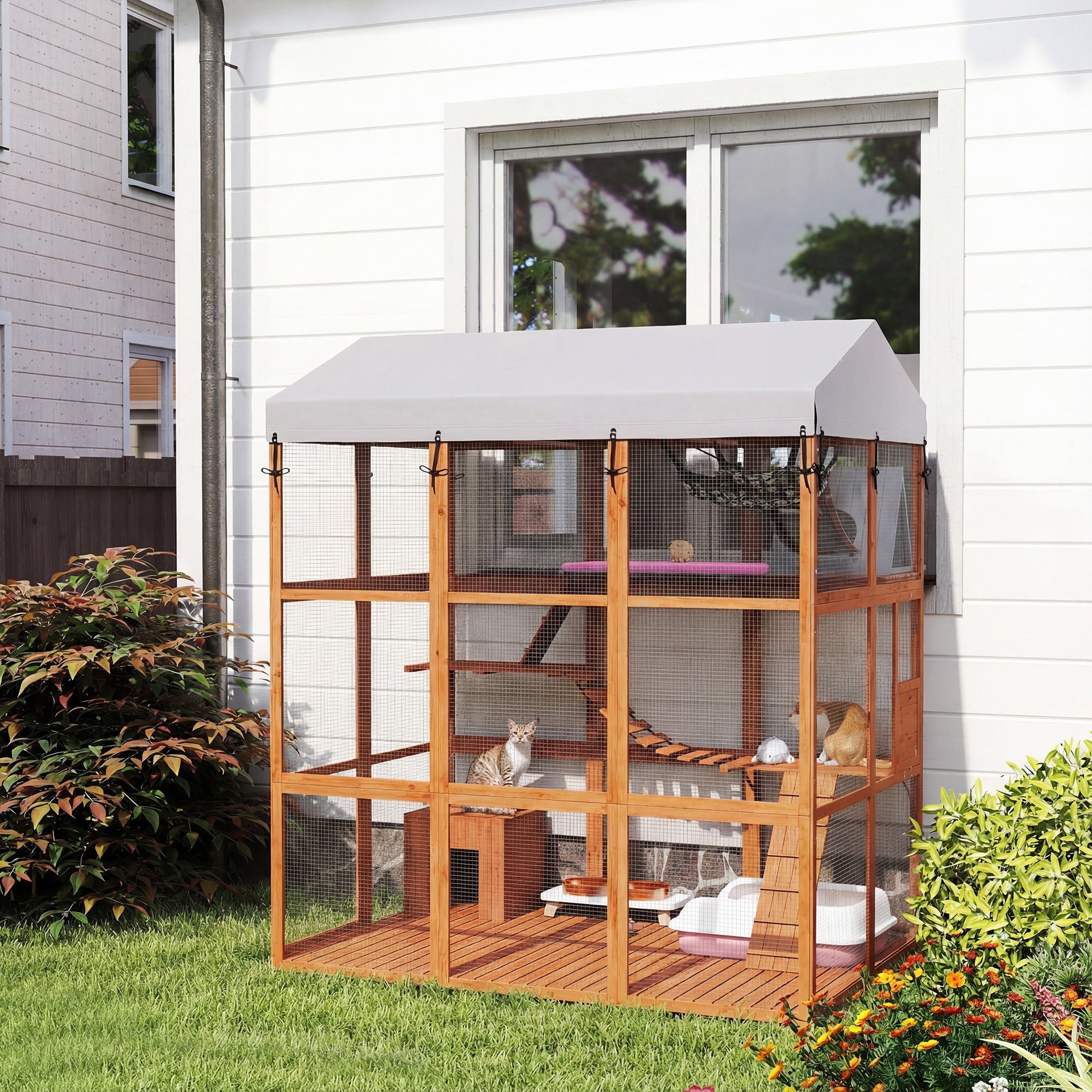 81" Outdoor Catio with Floor and Condos - Orange Fir Wood-Cats-DECOROLALA