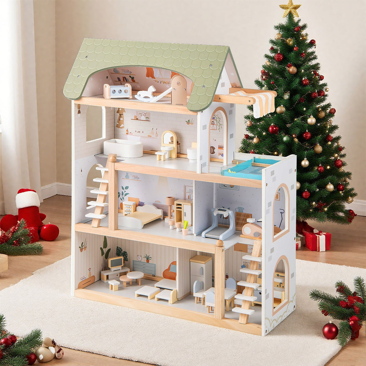 Wooden Dollhouse Kids DIY Pretend Playhouse with 33 PCS Furniture Accessories