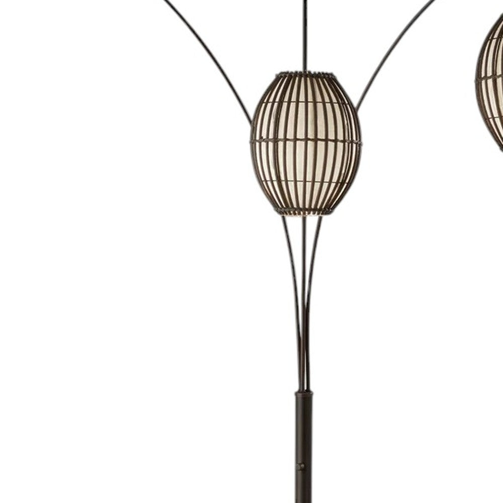 82" Bronze Three Light Tree Floor Lamp With Beige Wicker Cage Shade-Floor Lamps-DECOROLALA