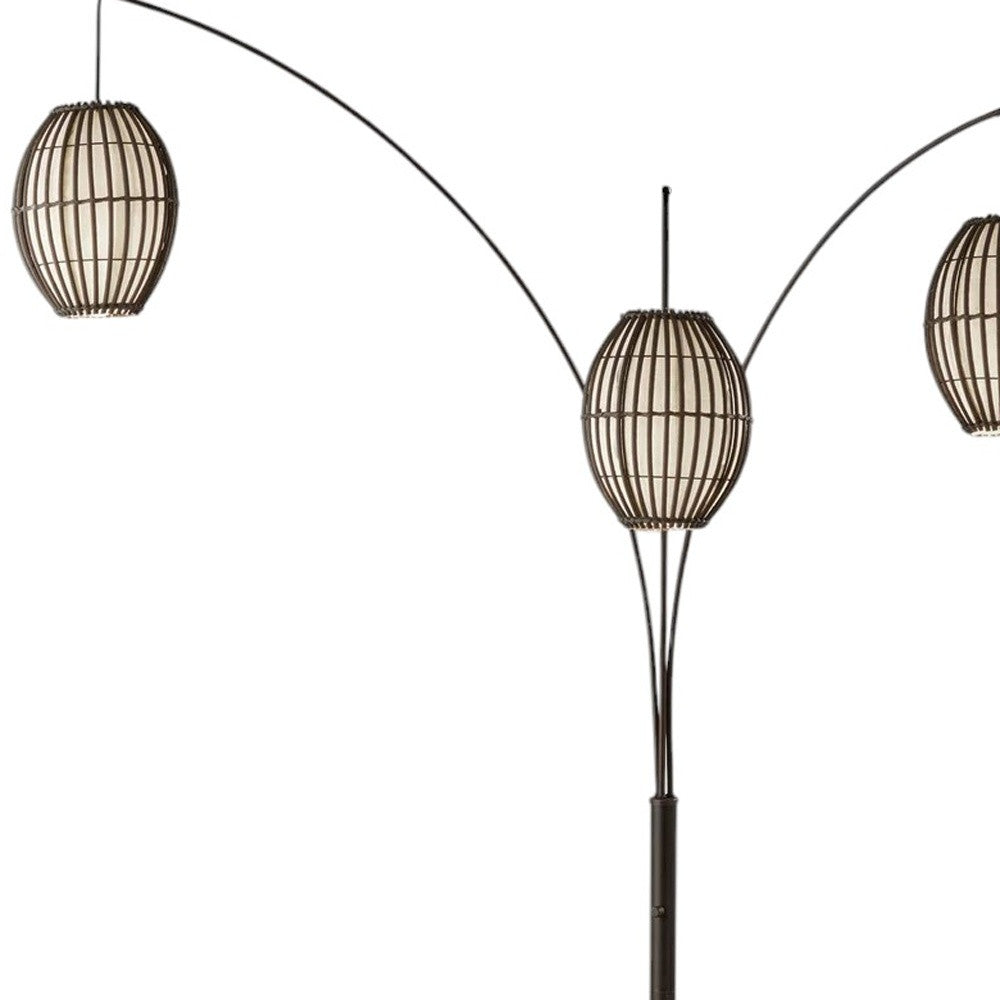 82" Bronze Three Light Tree Floor Lamp With Beige Wicker Cage Shade-Floor Lamps-DECOROLALA