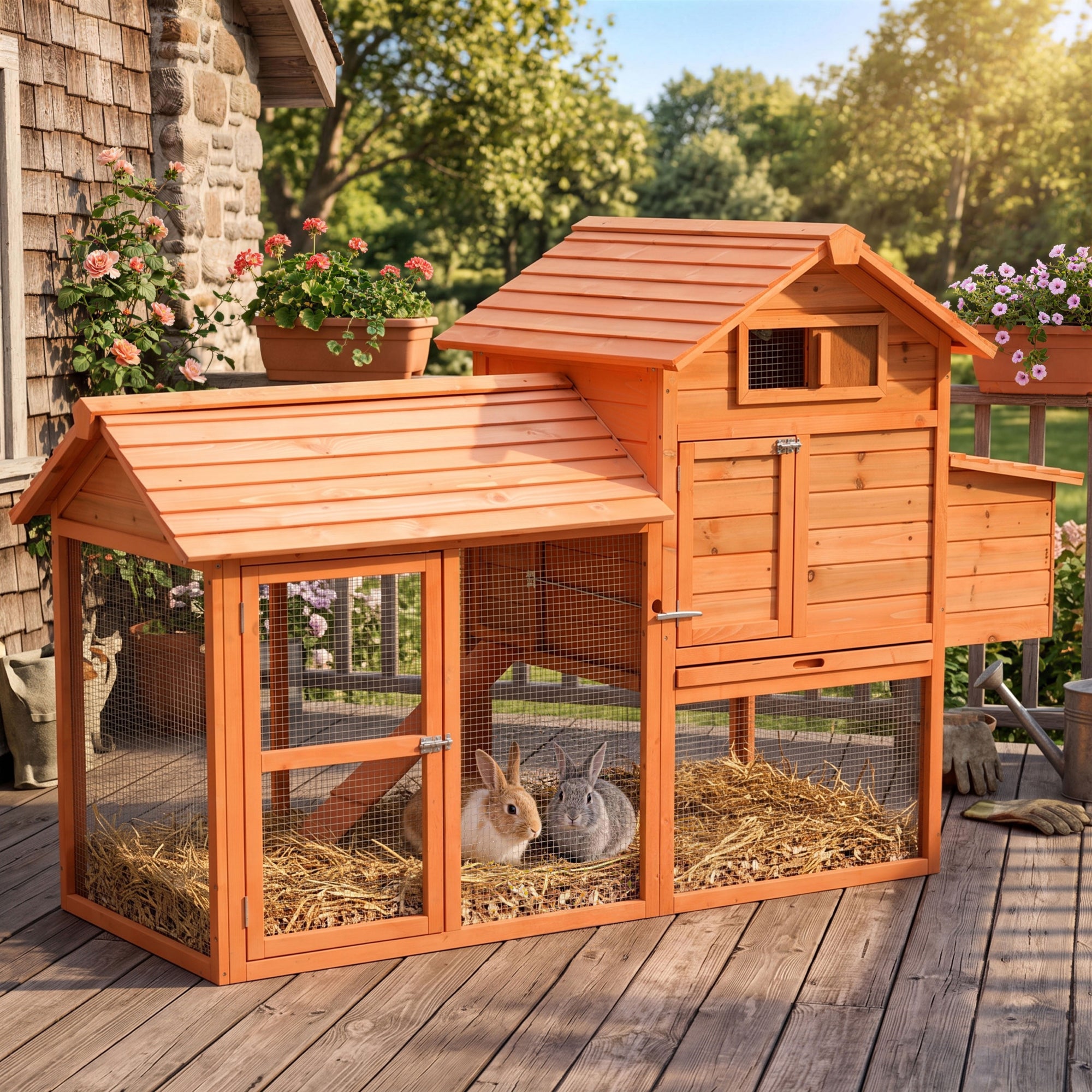 82" Deluxe Wooden Chicken Coop with Run and Nesting Box - Orange-Small Animals-DECOROLALA
