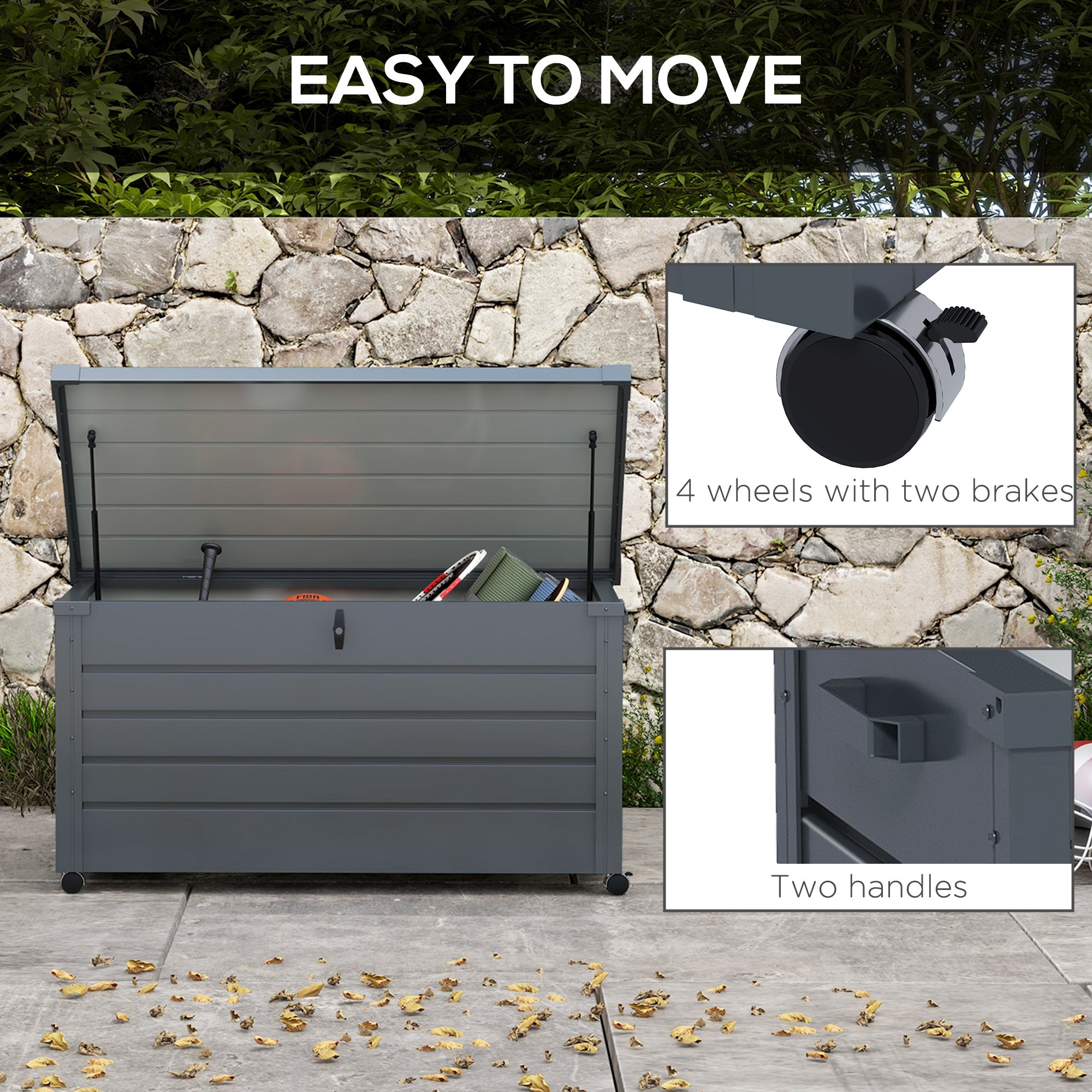 82 Gallon Steel Garden Storage Box with Wheels - Dark Grey-DECOROLALA