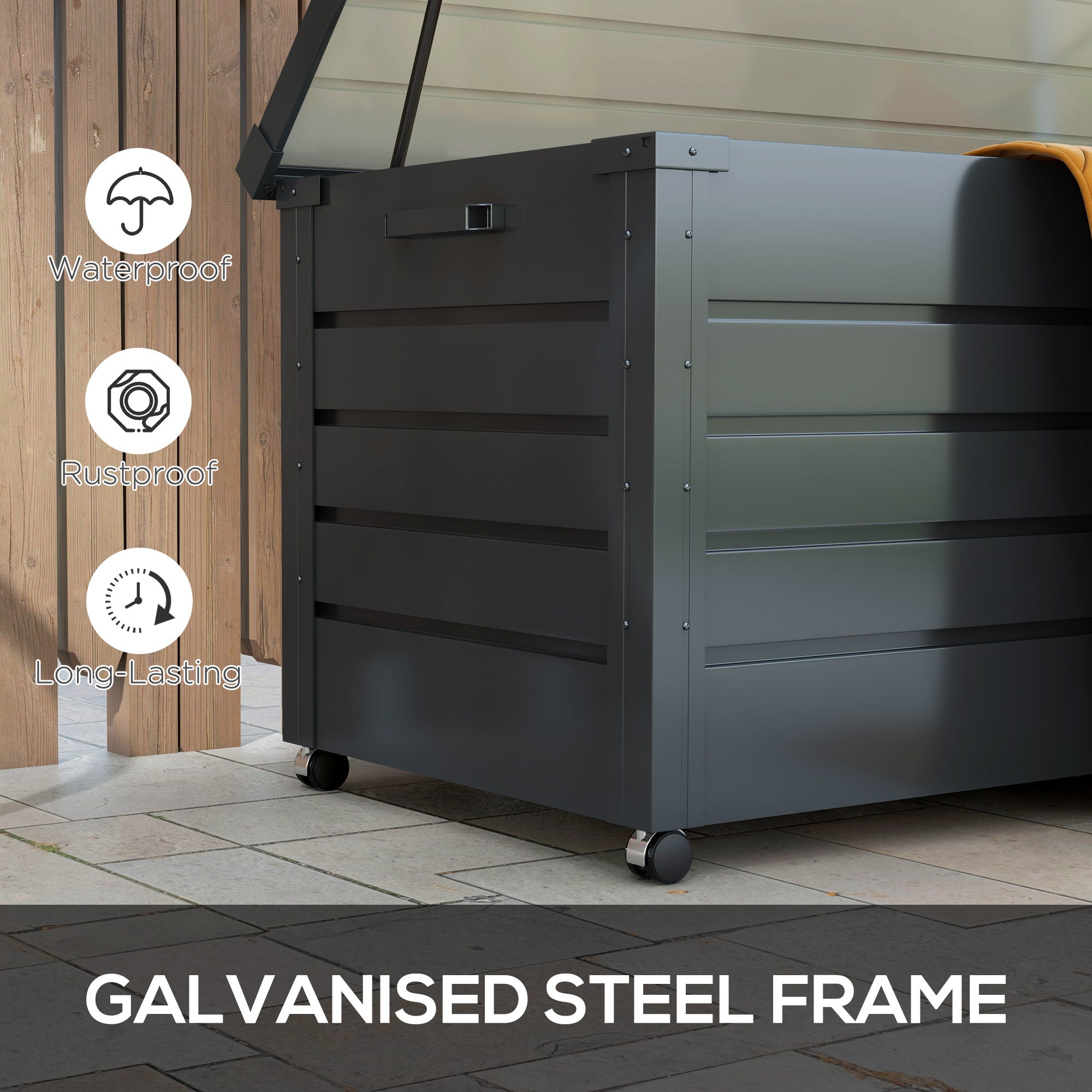 82 Gallon Steel Garden Storage Box with Wheels - Dark Grey-DECOROLALA