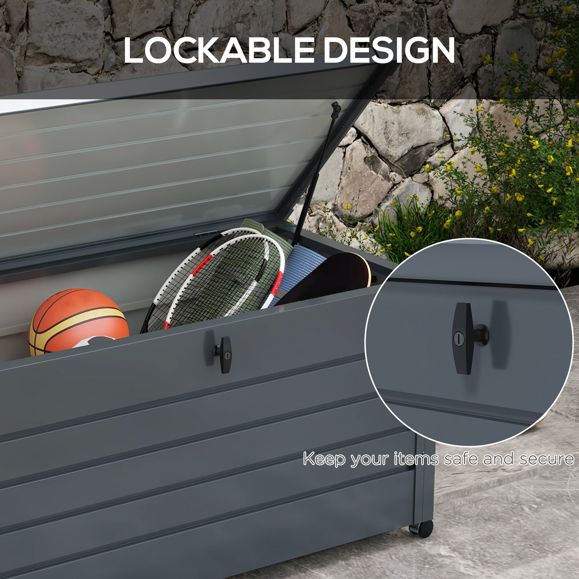 82 Gallon Steel Garden Storage Box with Wheels - Dark Grey-DECOROLALA