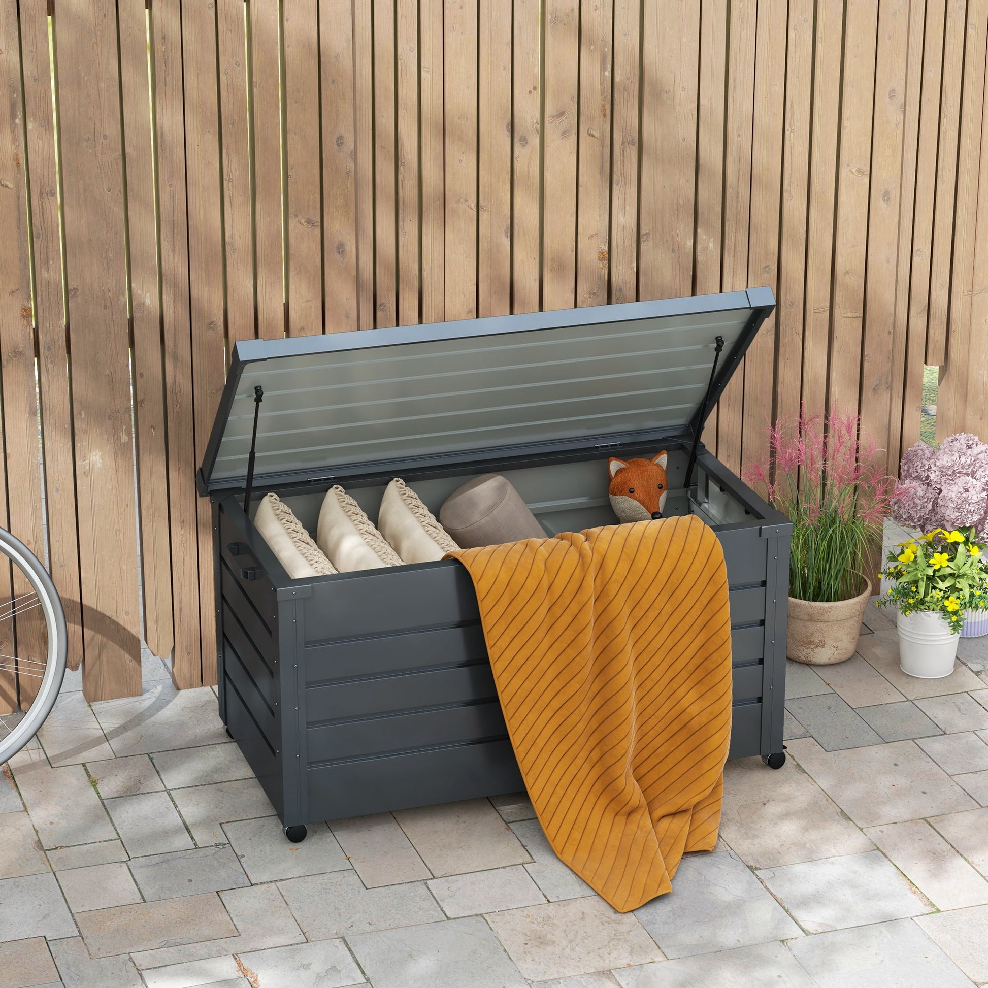 82 Gallon Steel Garden Storage Box with Wheels - Dark Grey-DECOROLALA