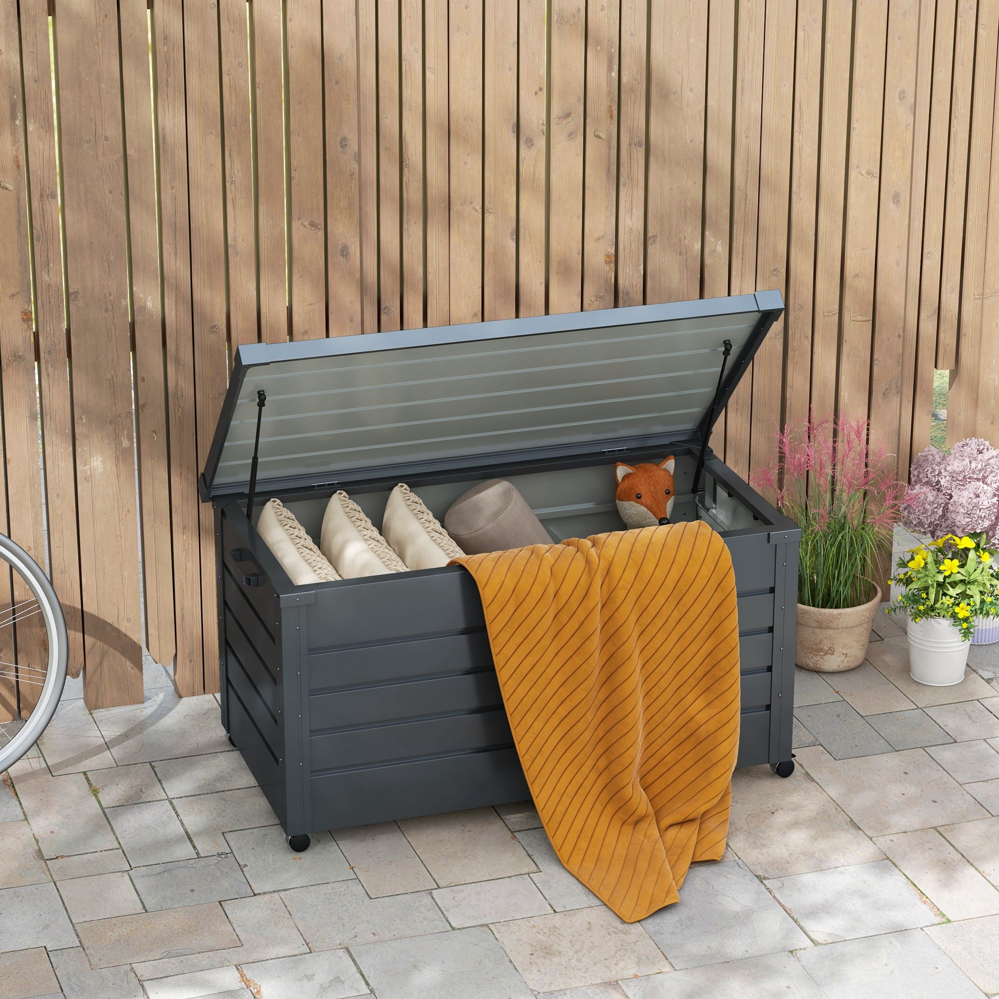 82 Gallon Steel Garden Storage Box with Wheels - Dark Grey-DECOROLALA