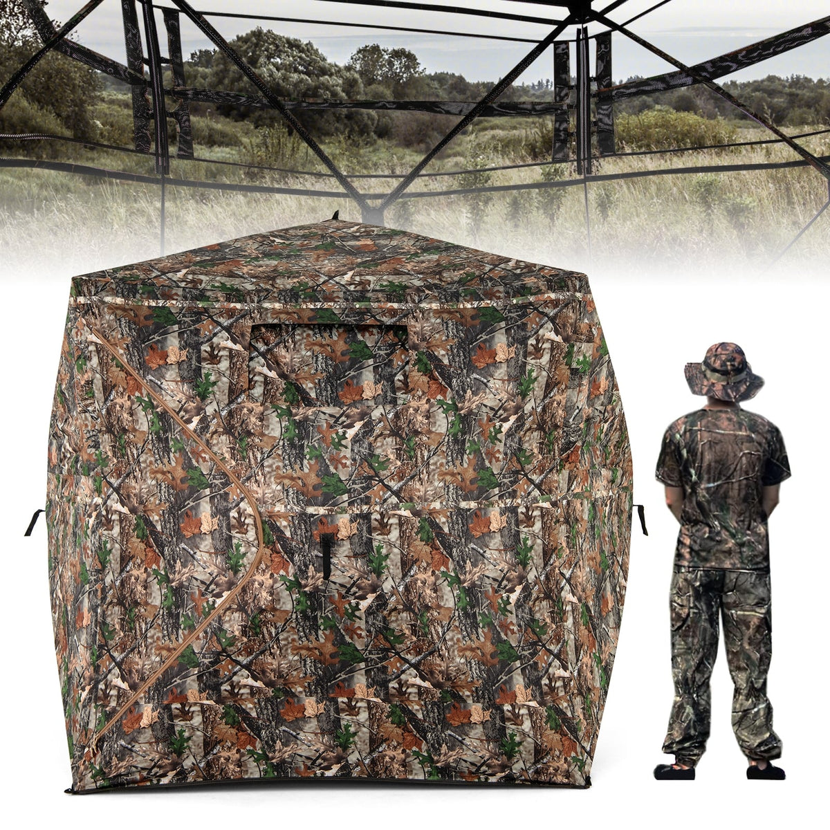 82 Inch Tall Hunting Blind 270° One Way See Through Ground Tent for 3-4 People-Tents-DECOROLALA