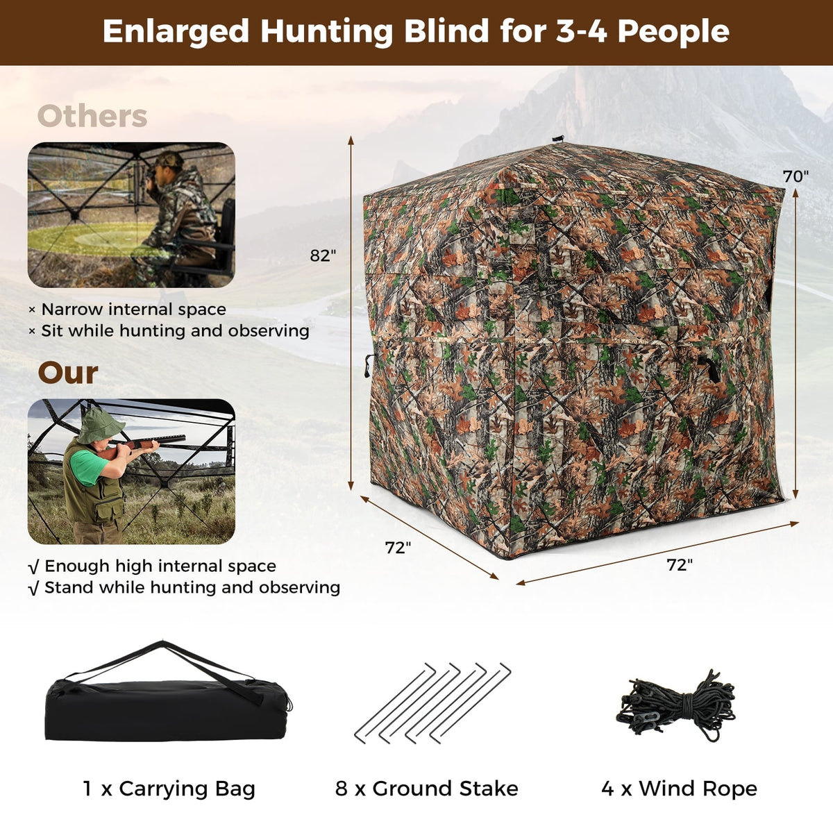 82 Inch Tall Hunting Blind 270° One Way See Through Ground Tent for 3-4 People-Tents-DECOROLALA