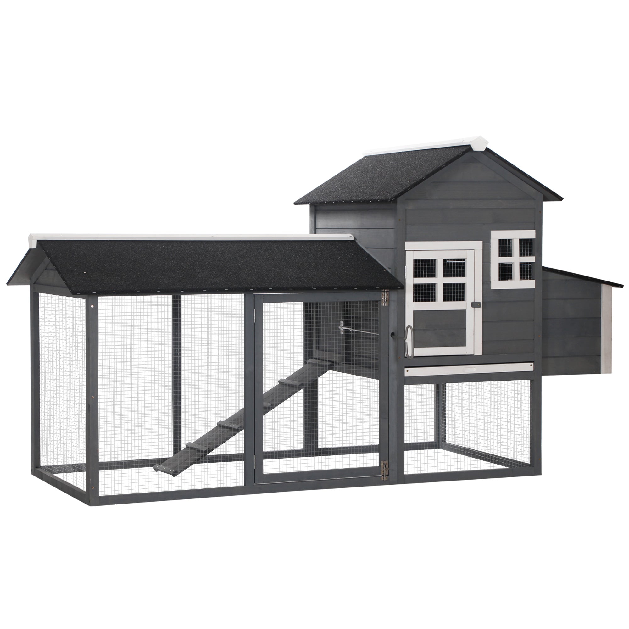82" Wooden Chicken Coop Hen House with Nesting Box & Run - Grey-Small Animals-DECOROLALA