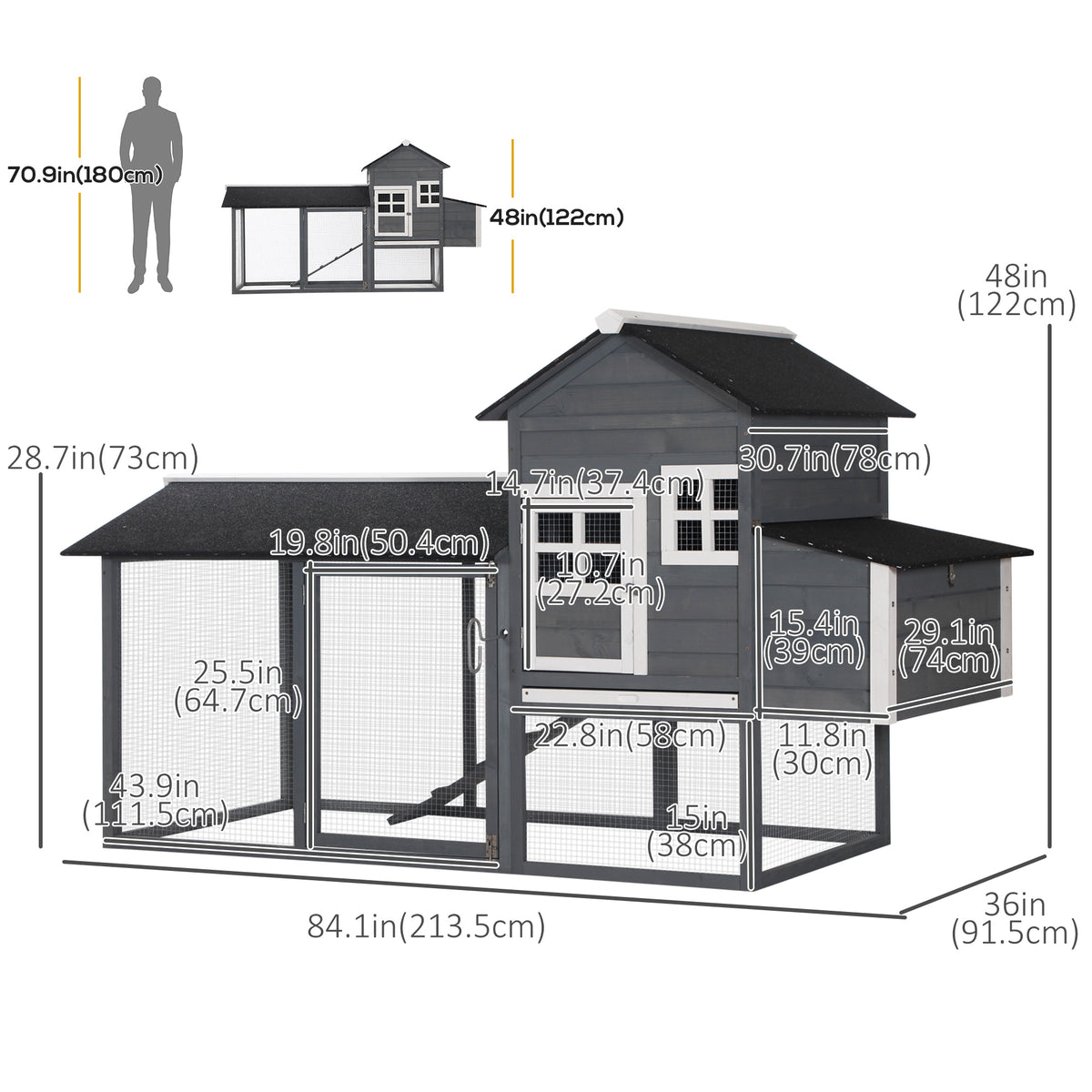 82" Wooden Chicken Coop Hen House with Nesting Box & Run - Grey-Small Animals-DECOROLALA