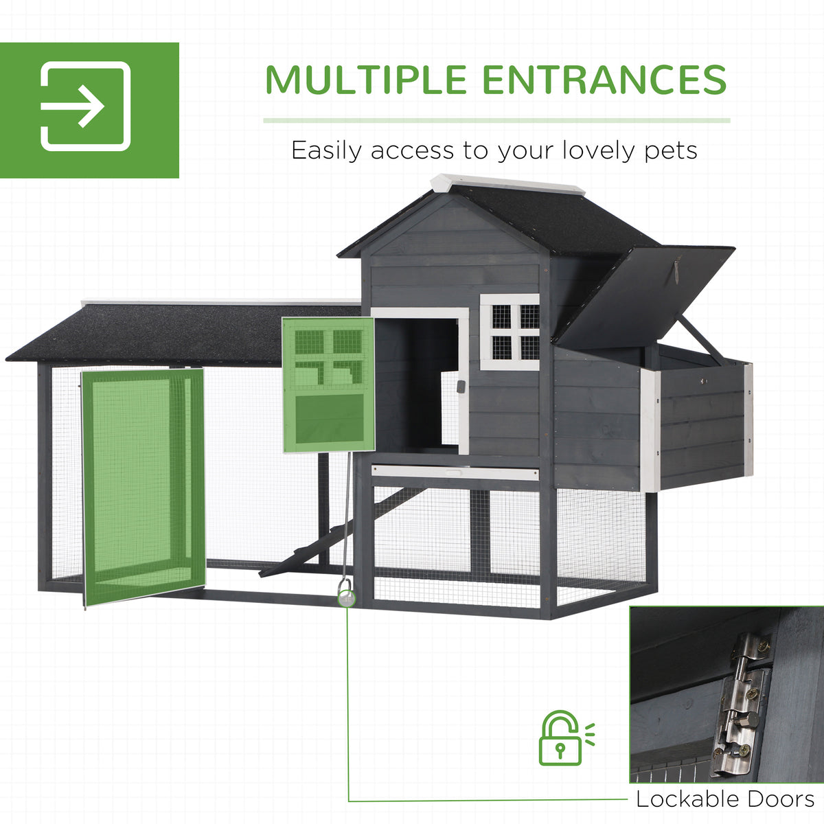 82" Wooden Chicken Coop Hen House with Nesting Box & Run - Grey-Small Animals-DECOROLALA