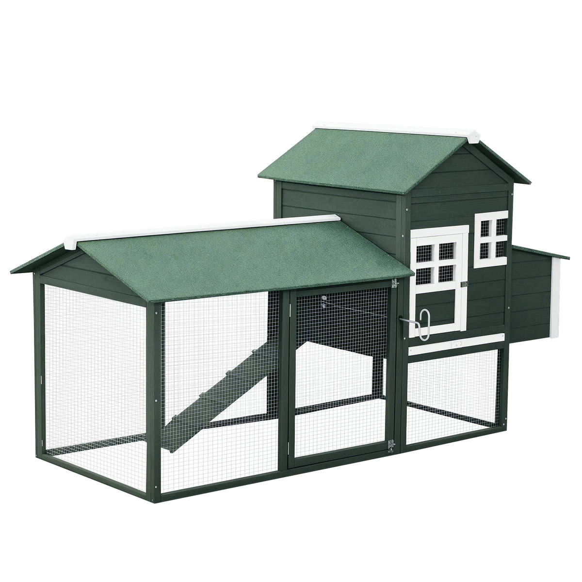82" Wooden Chicken Coop with Nesting Box and Run - Green/White-Small Animals-DECOROLALA