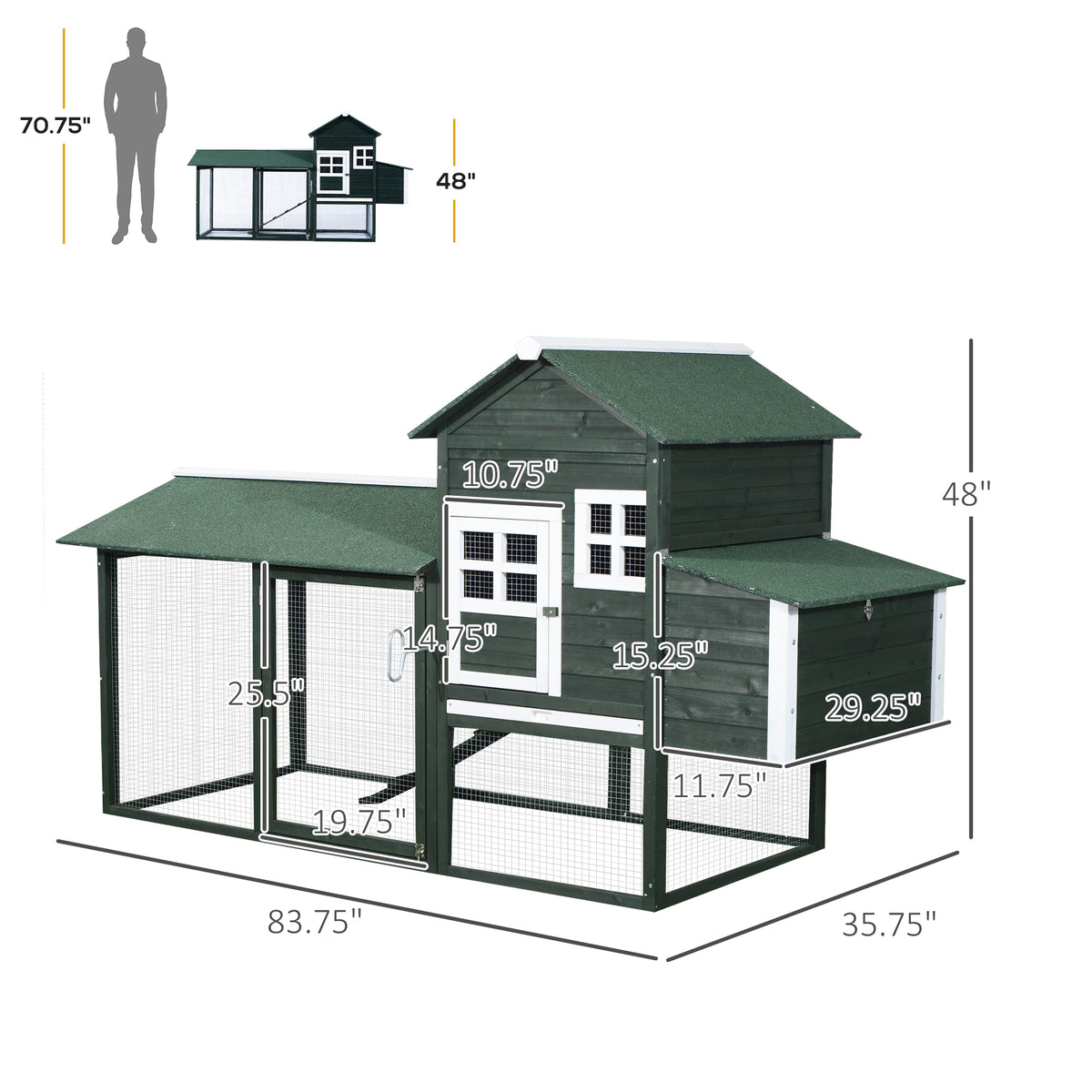 82" Wooden Chicken Coop with Nesting Box and Run - Green/White-Small Animals-DECOROLALA