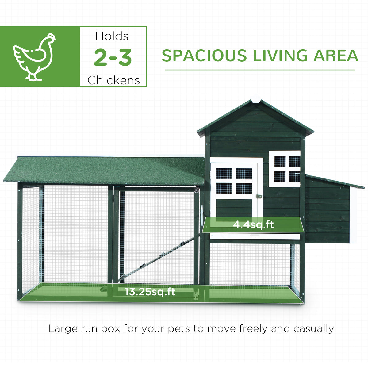 82" Wooden Chicken Coop with Nesting Box and Run - Green/White-Small Animals-DECOROLALA