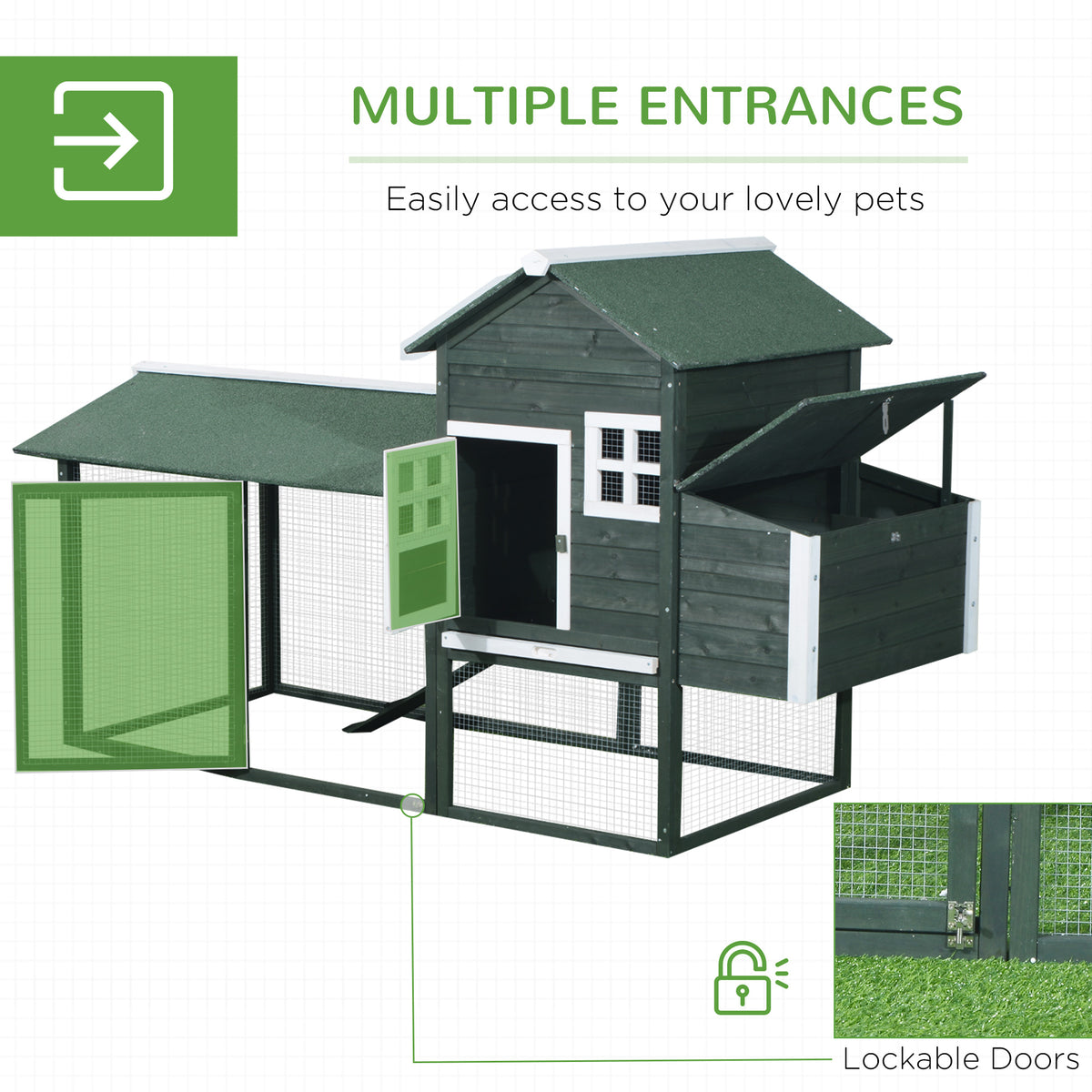 82" Wooden Chicken Coop with Nesting Box and Run - Green/White-Small Animals-DECOROLALA