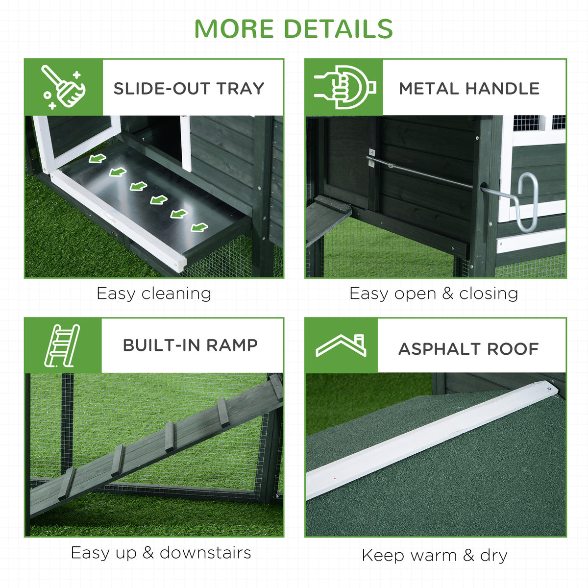 82" Wooden Chicken Coop with Nesting Box and Run - Green/White-Small Animals-DECOROLALA