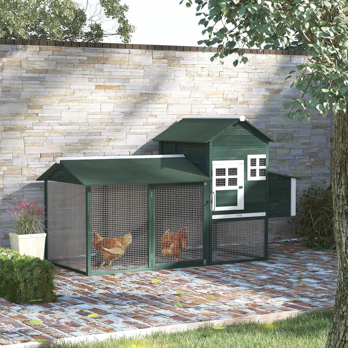 82" Wooden Chicken Coop with Nesting Box and Run - Green/White-Small Animals-DECOROLALA