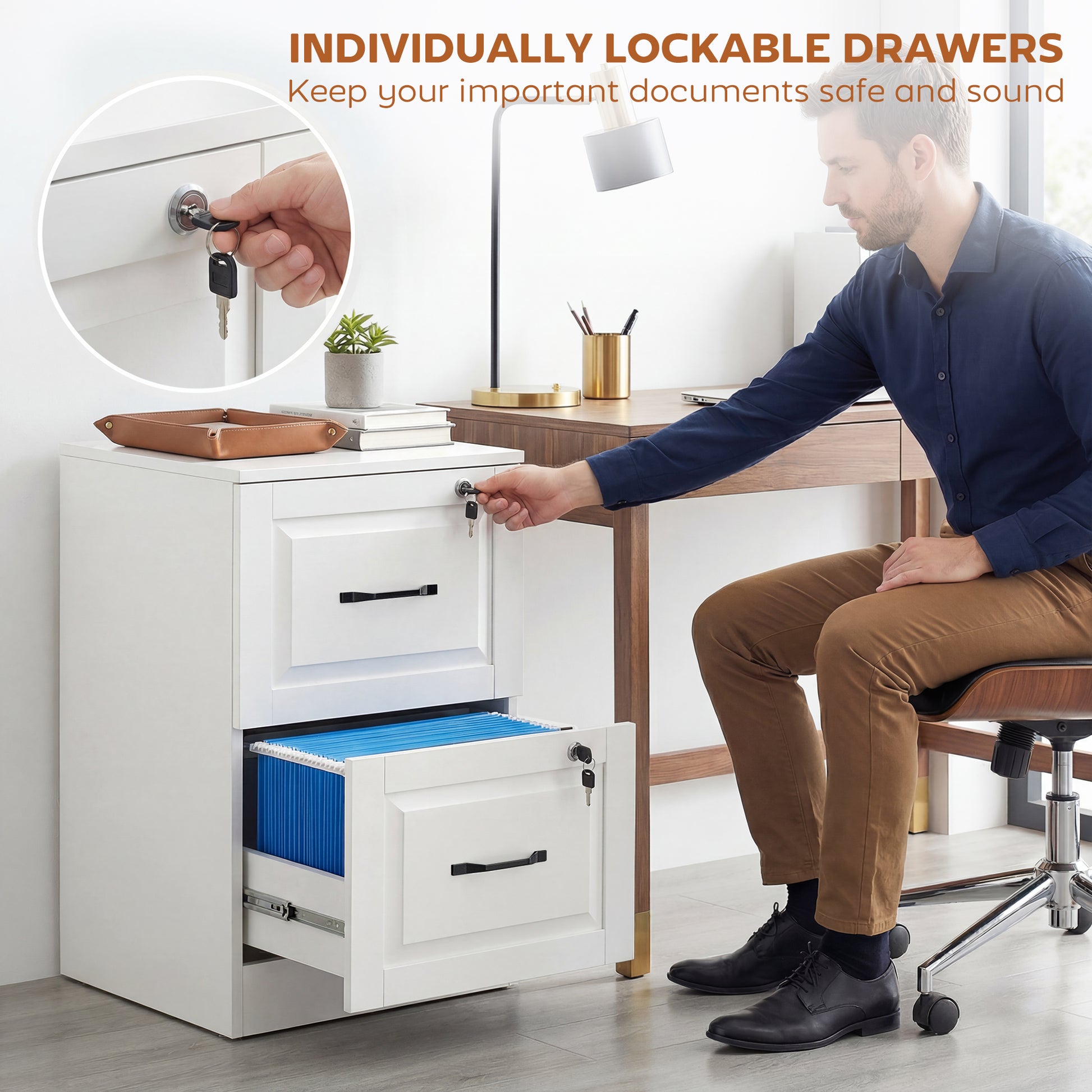 2 Drawer File Cabinet with Lock, Vertical Filing Cabinet with Adjustable Hanging Bars for A4 and Letter Size, White-Office Products > Office Furniture > Office Cabinets & Cupboards-DECOROLALA