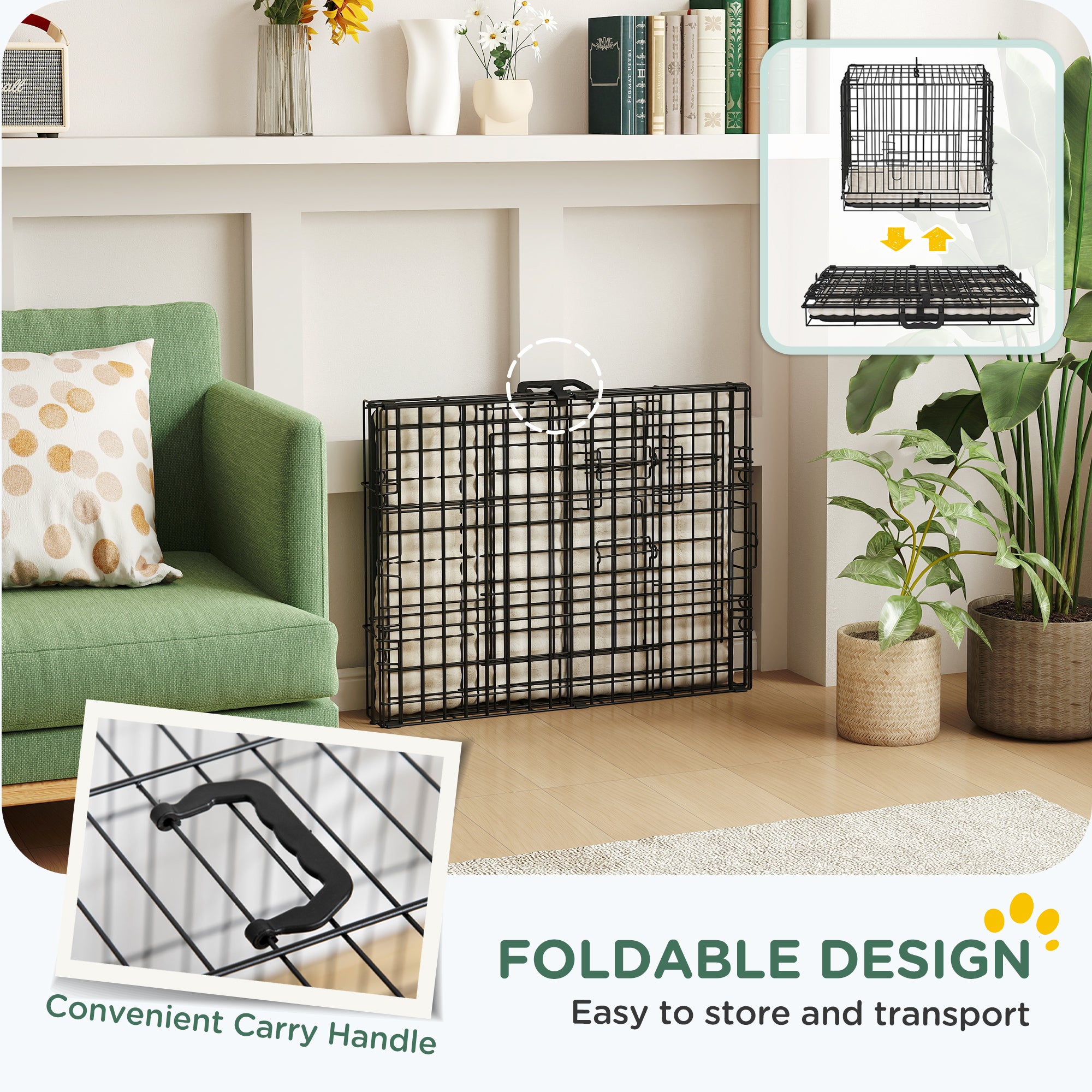 24" Dog Crate with 2 Doors, Folding Metal Dog Cage with Soft Cushion, Removable Tray, Handle for Extra Small Dogs, Black