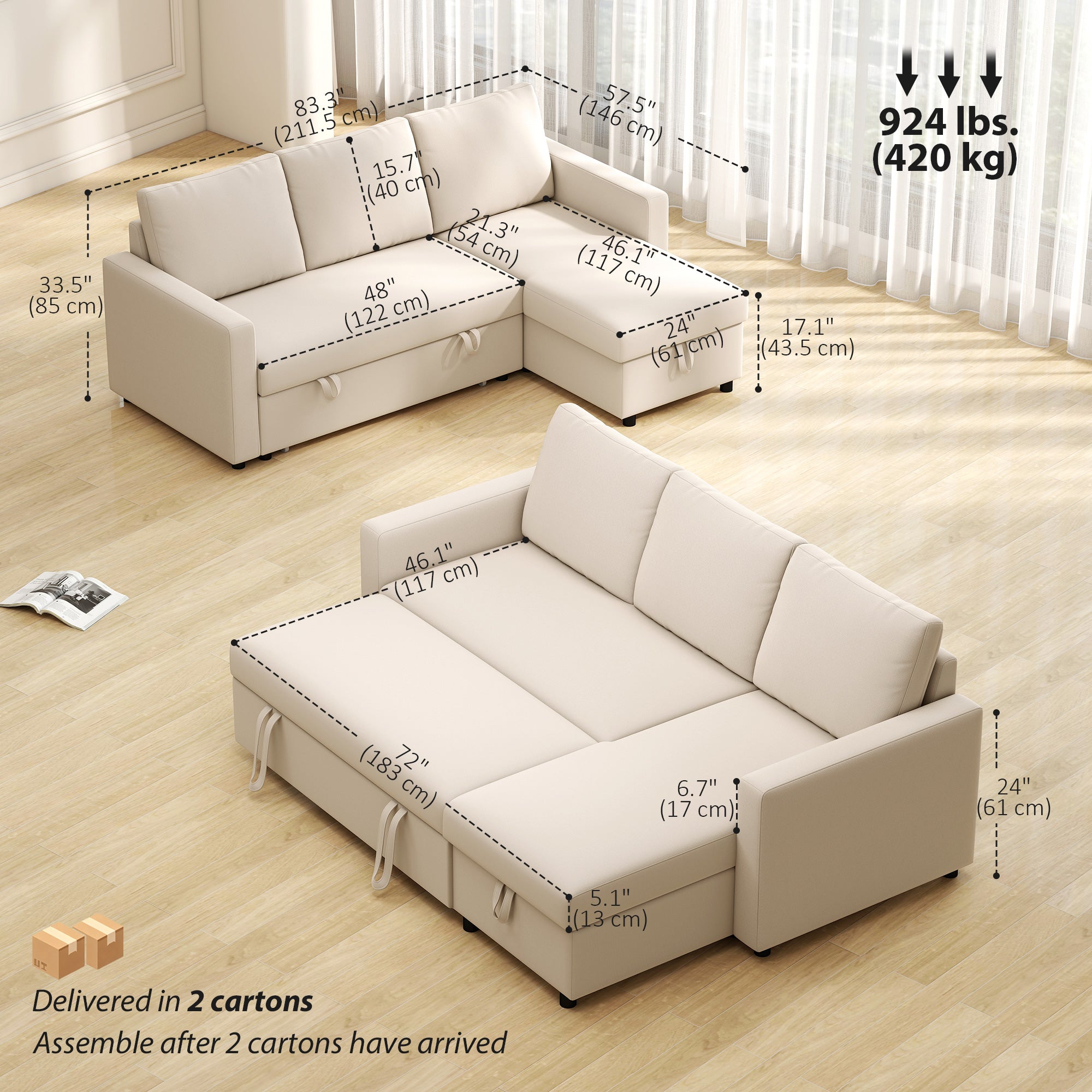 83" Pull Out Sleeper Sectional Sofa with Storage - Cream White-Home Furnishings > Living Room Furniture > Sofas & Reclining Chairs-DECOROLALA