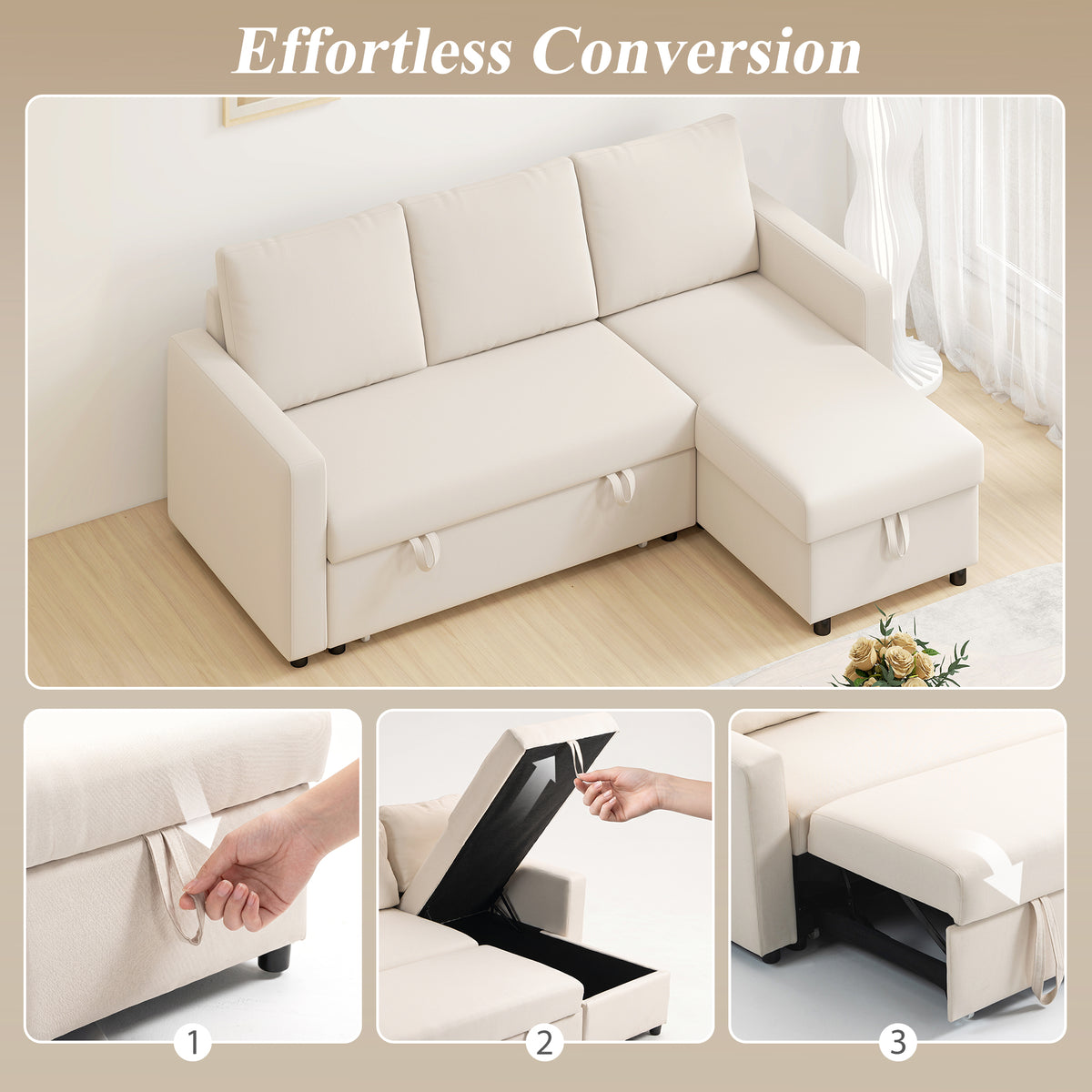 83" Pull Out Sleeper Sectional Sofa with Storage - Cream White-Home Furnishings > Living Room Furniture > Sofas & Reclining Chairs-DECOROLALA