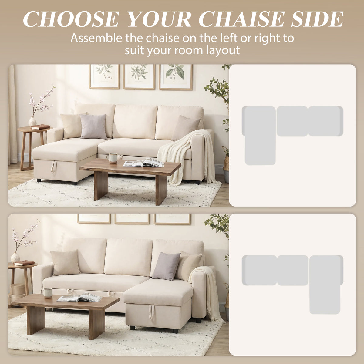 83" Pull Out Sleeper Sectional Sofa with Storage - Cream White-Home Furnishings > Living Room Furniture > Sofas & Reclining Chairs-DECOROLALA