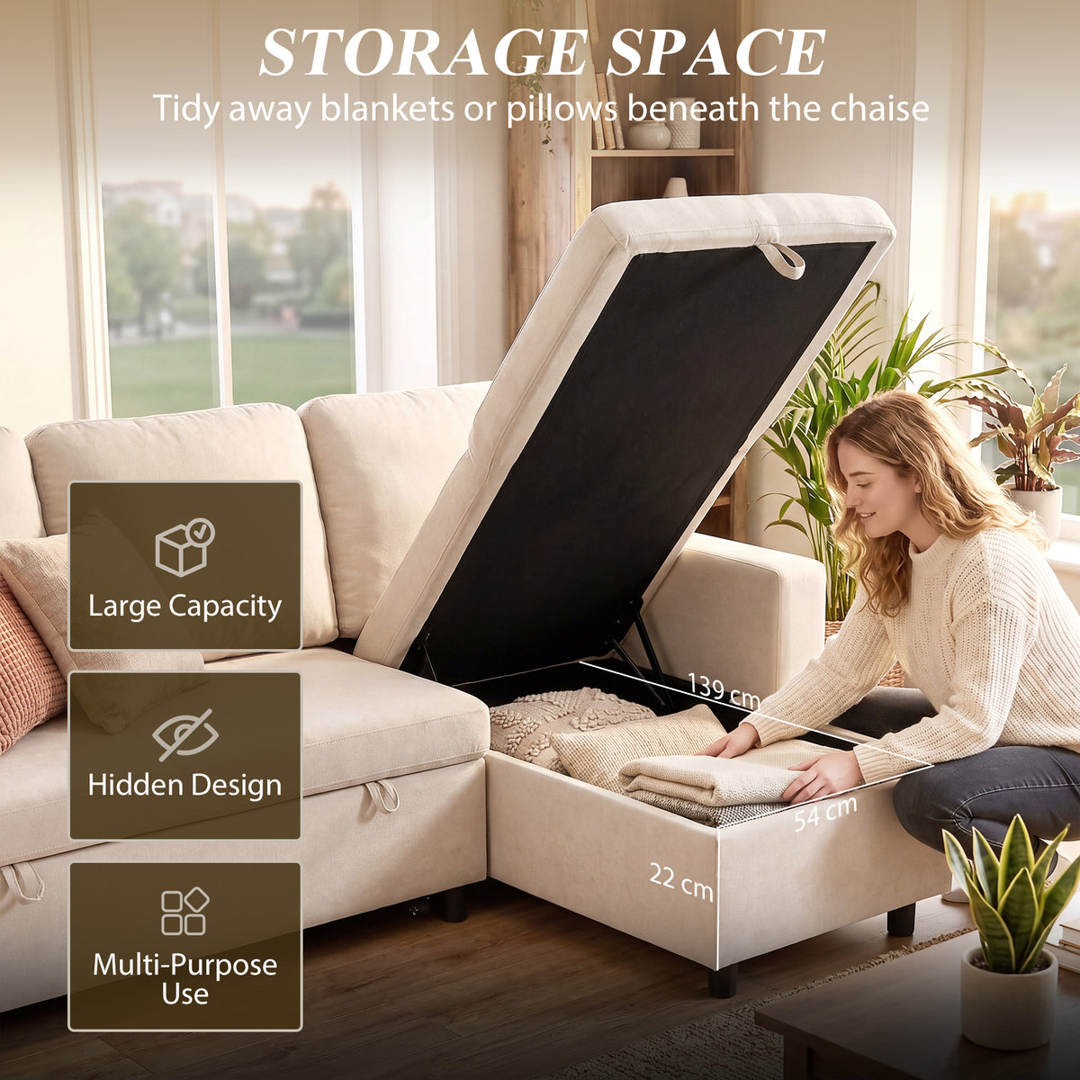 83" Pull Out Sleeper Sectional Sofa with Storage - Cream White-Home Furnishings > Living Room Furniture > Sofas & Reclining Chairs-DECOROLALA