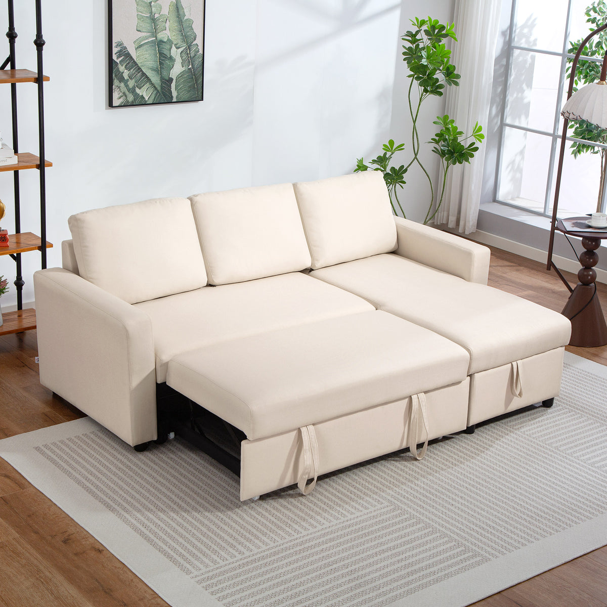 83" Pull Out Sleeper Sectional Sofa with Storage - Cream White-Home Furnishings > Living Room Furniture > Sofas & Reclining Chairs-DECOROLALA