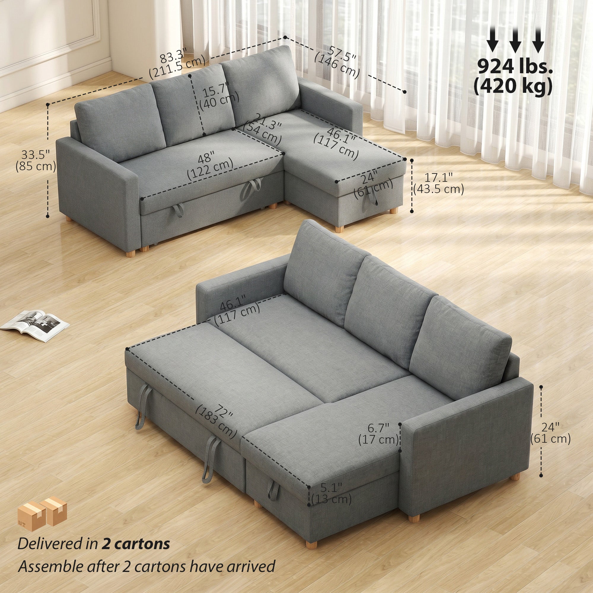 83" Sleeper Sectional Sofa with Storage Chaise - Light Grey-Home Furnishings > Living Room Furniture > Sofas & Reclining Chairs-DECOROLALA