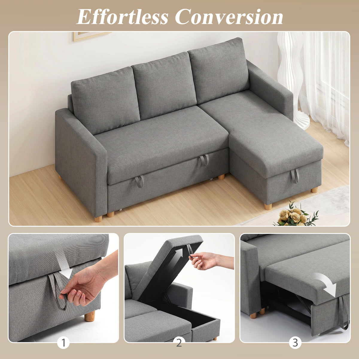 83" Sleeper Sectional Sofa with Storage Chaise - Light Grey-Home Furnishings > Living Room Furniture > Sofas & Reclining Chairs-DECOROLALA