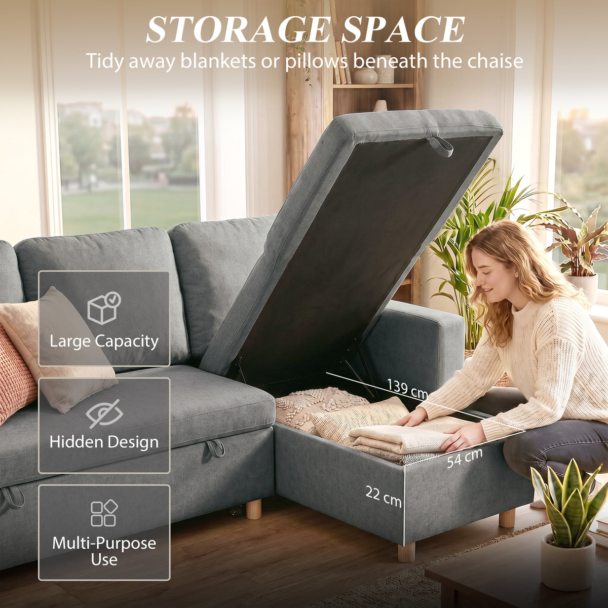 83" Sleeper Sectional Sofa with Storage Chaise - Light Grey-Home Furnishings > Living Room Furniture > Sofas & Reclining Chairs-DECOROLALA
