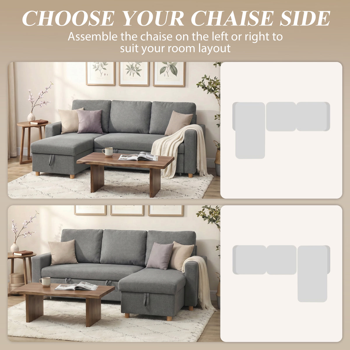83" Sleeper Sectional Sofa with Storage Chaise - Light Grey-Home Furnishings > Living Room Furniture > Sofas & Reclining Chairs-DECOROLALA