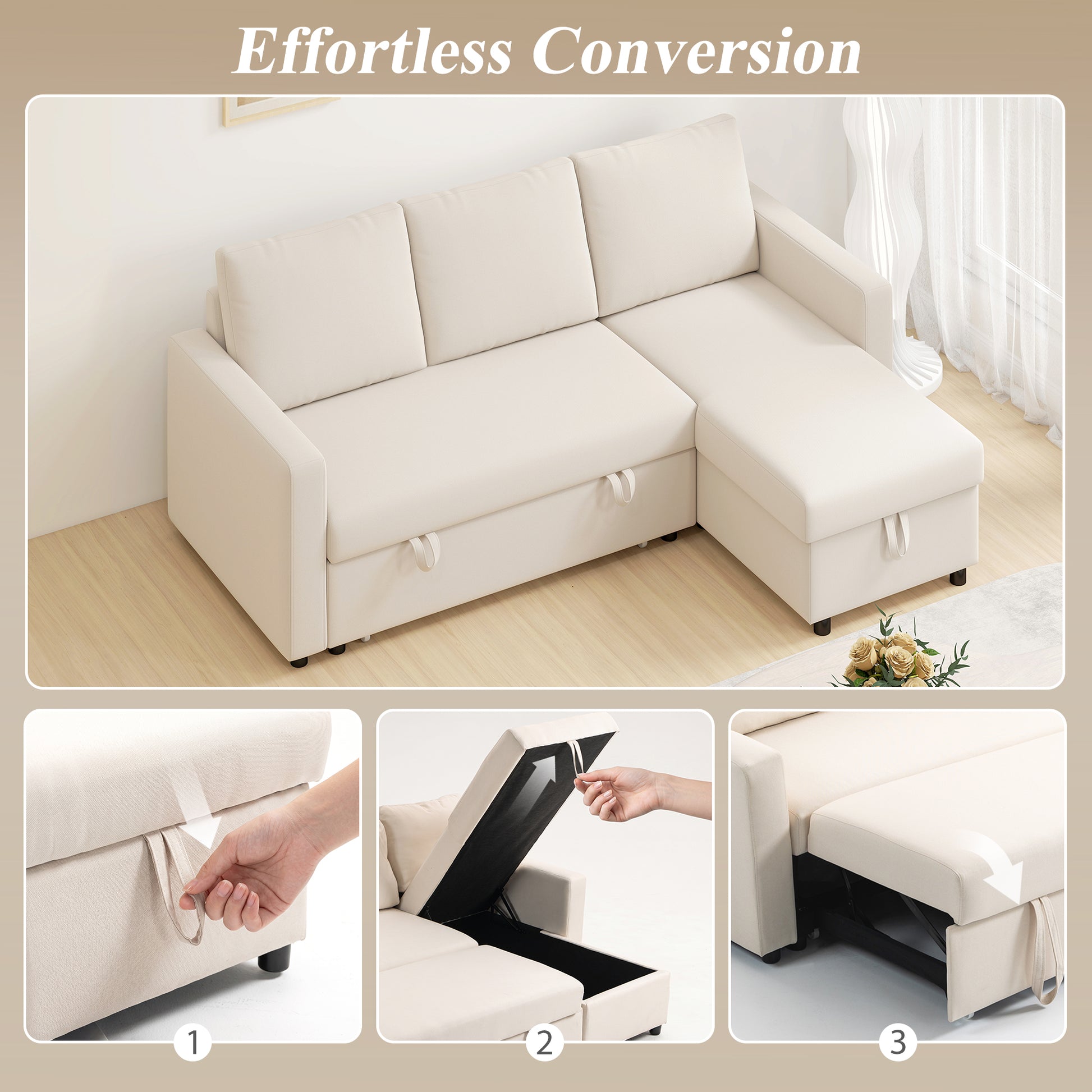 83" Sofa Bed, Pull Out Sleeper L Shaped Sectional Couch with Reversible Storage Chaise, Wide and Deep Seat, Cream White-Home Furnishings > Living Room Furniture > Sofas & Reclining Chairs-DECOROLALA