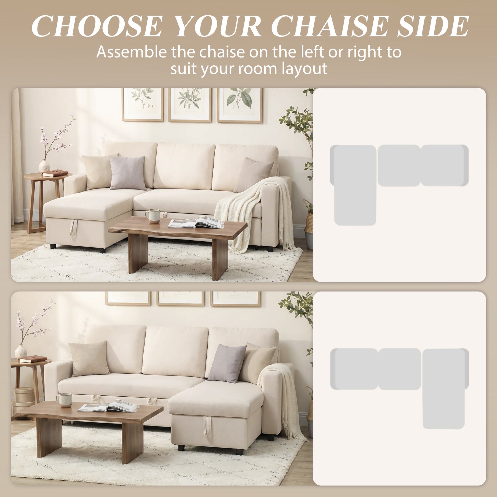 83" Sofa Bed, Pull Out Sleeper L Shaped Sectional Couch with Reversible Storage Chaise, Wide and Deep Seat, Cream White-Home Furnishings > Living Room Furniture > Sofas & Reclining Chairs-DECOROLALA