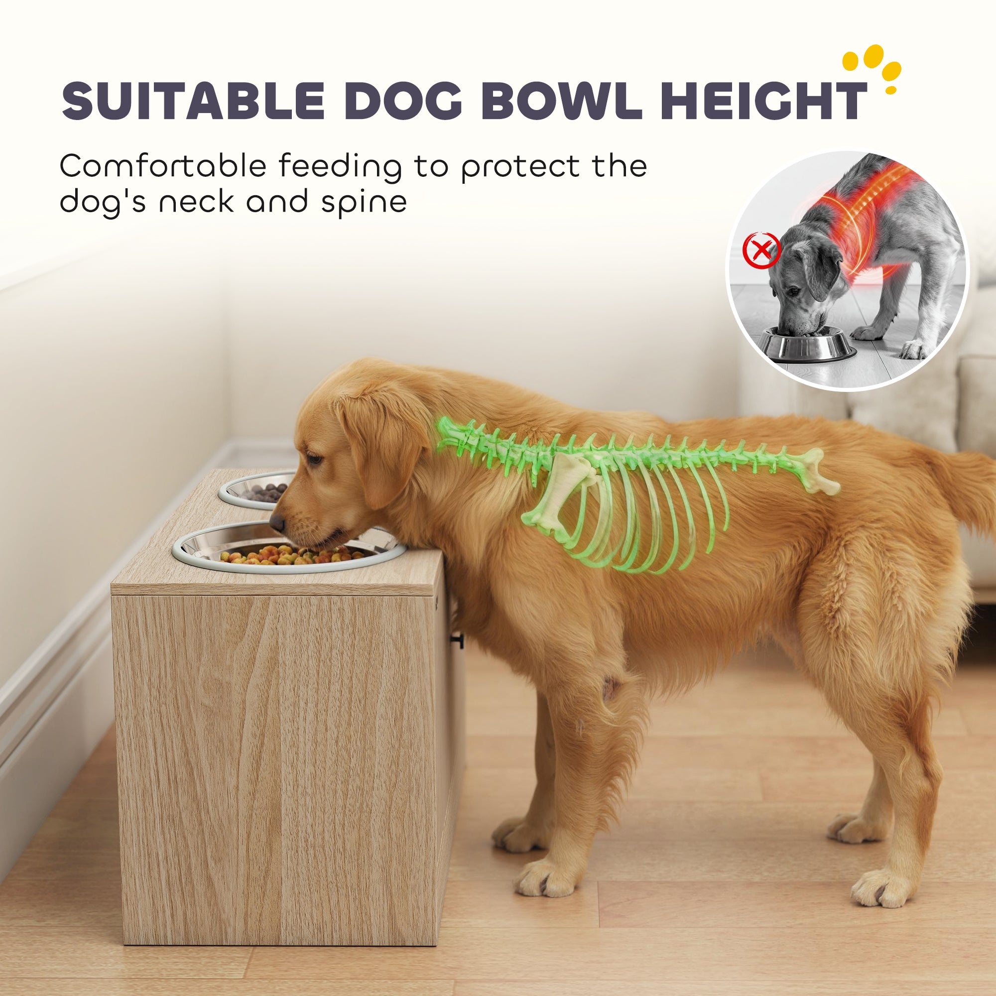 Raised Dog Bowls with Storage, Slow Feeder,  2 Stainless Steel Food and Water Bowl Non-Slip, Oak