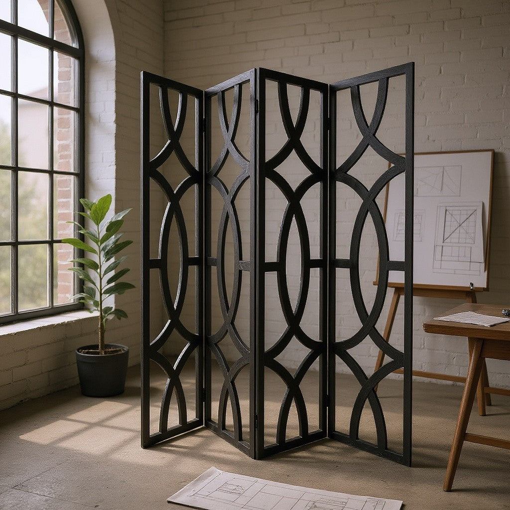 84" Black Solid Wood Folding Four Panel Screen Room Divider-Room Dividers-DECOROLALA