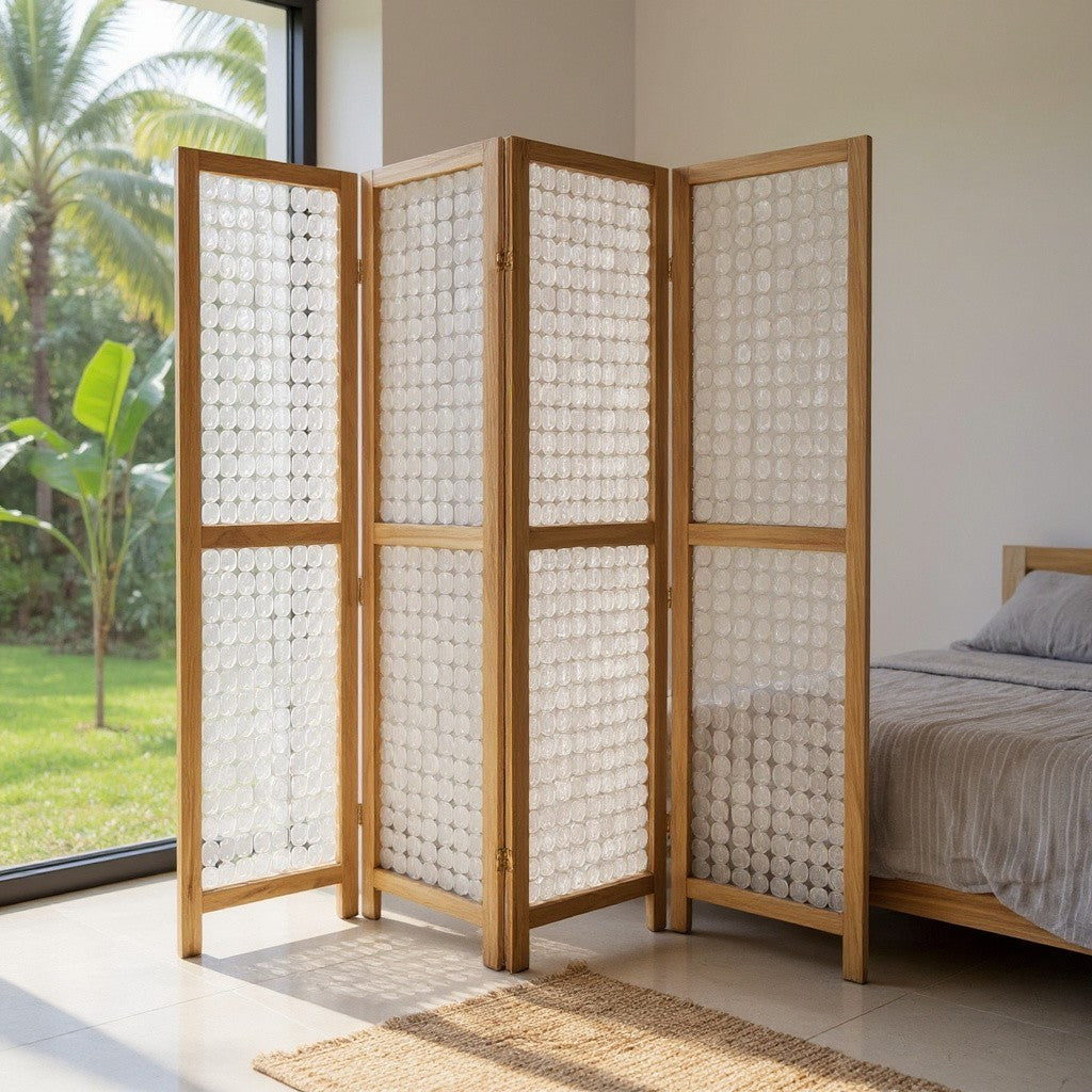 84" Clear Capiz Mother of Pearl Folding Three Panel Screen Room Divider-Room Dividers-DECOROLALA