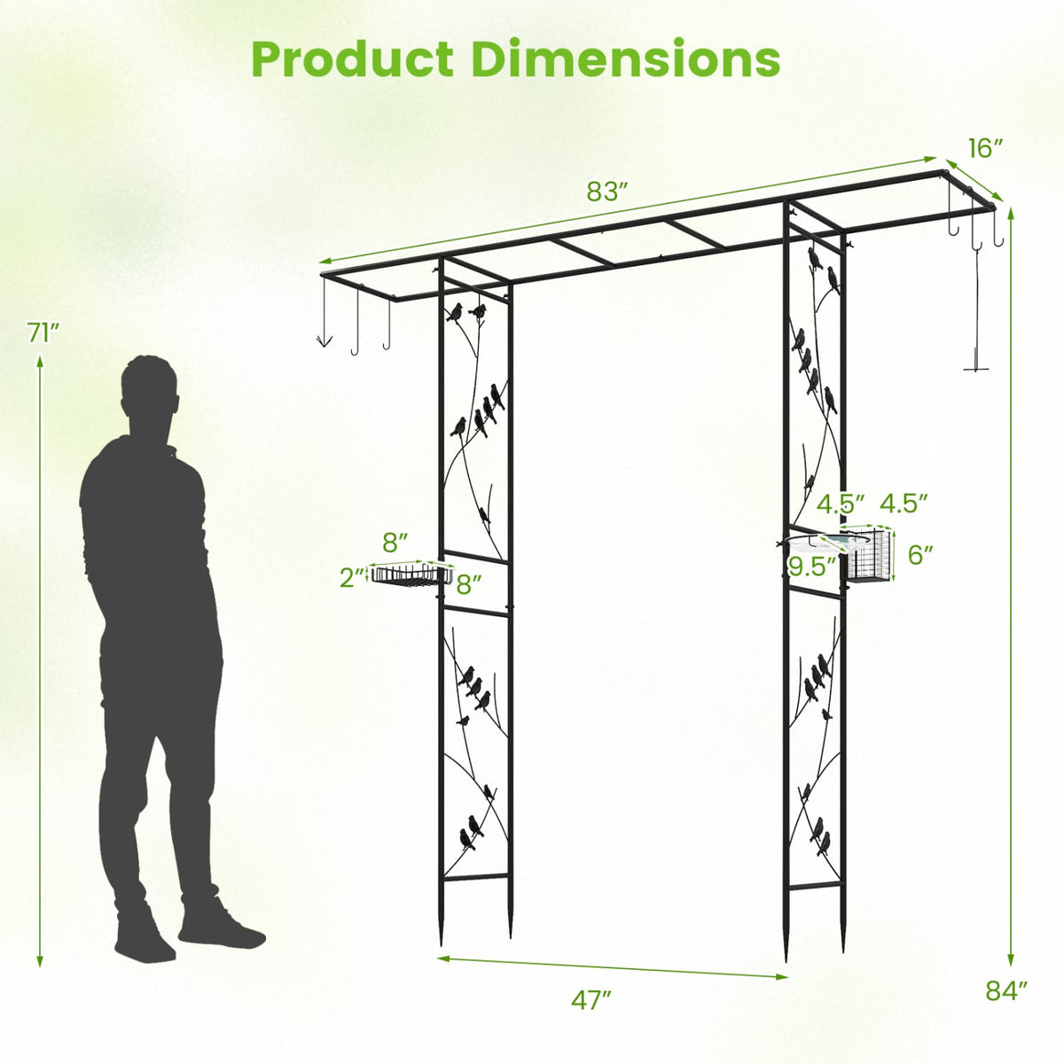 84 Inch Garden Arbor Feeding Station with Water Bowl and Mesh Tray-Black-Garden Arbors-DECOROLALA