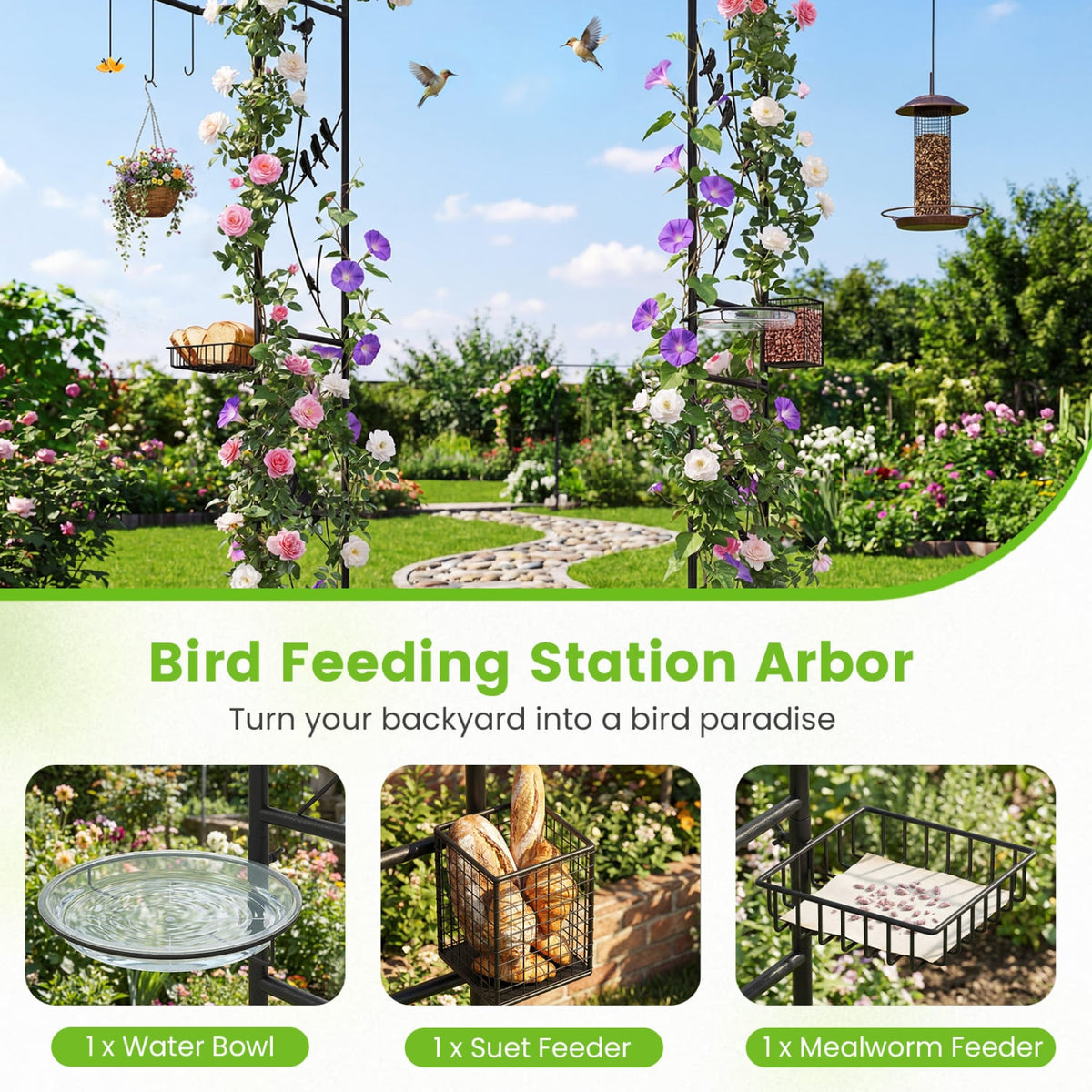 84 Inch Garden Arbor Feeding Station with Water Bowl and Mesh Tray-Black-Garden Arbors-DECOROLALA