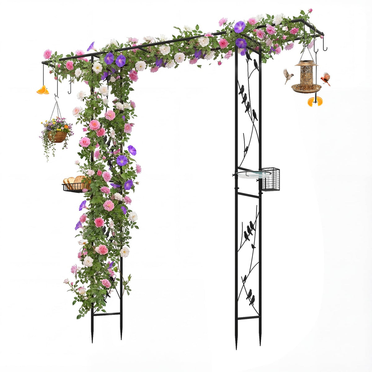 84 Inch Garden Arbor Feeding Station with Water Bowl and Mesh Tray-Black-Garden Arbors-DECOROLALA
