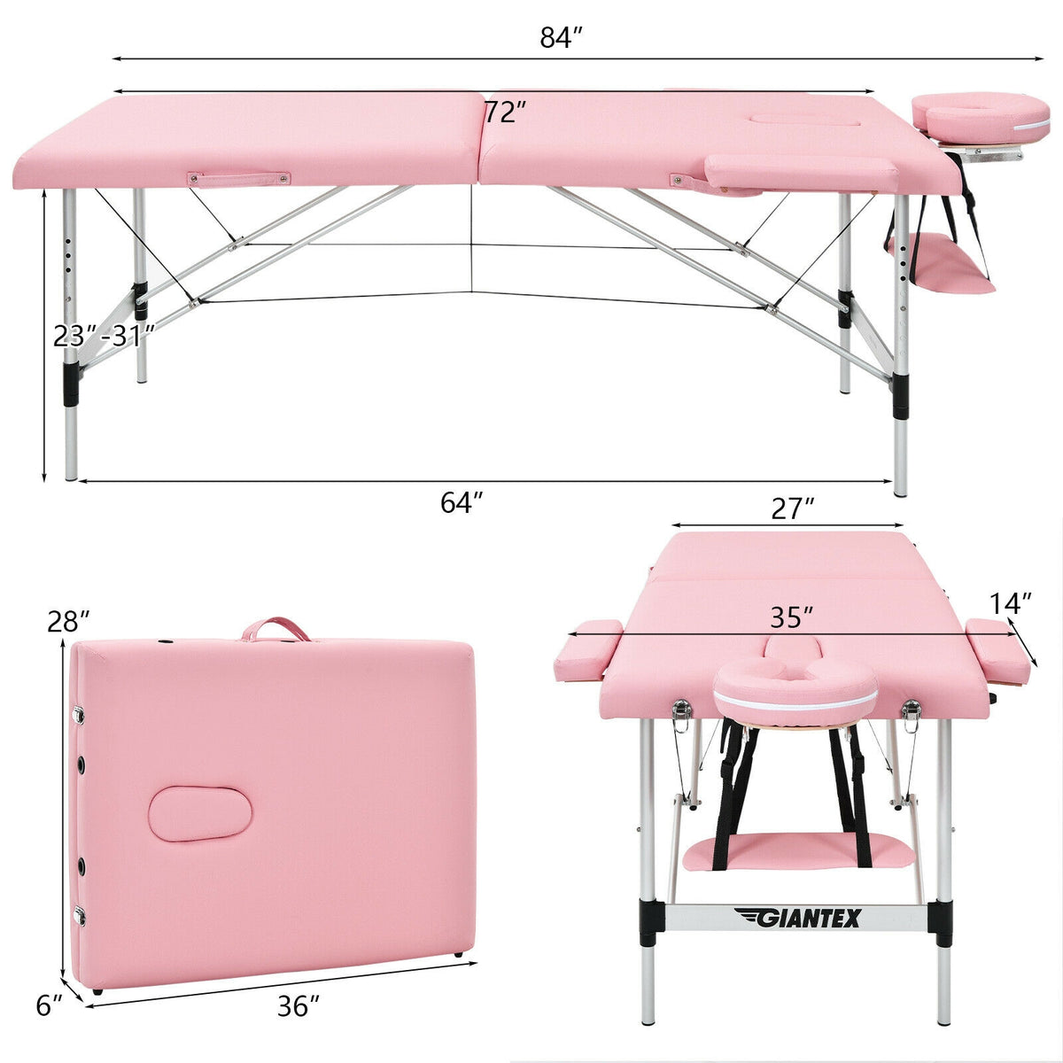 84 Inch L Portable Adjustable Massage Bed with Carry Case for Facial Salon Spa-Pink-Massage & Relaxation Products-DECOROLALA