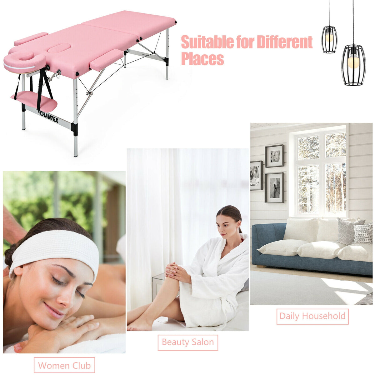 84 Inch L Portable Adjustable Massage Bed with Carry Case for Facial Salon Spa-Pink-Massage & Relaxation Products-DECOROLALA