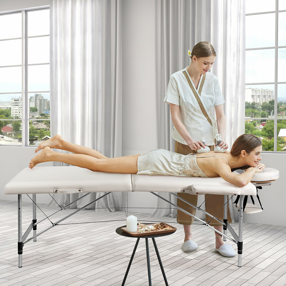84 Inch L Portable Adjustable Massage Bed with Carry Case for Facial Salon Spa-White-Massage & Relaxation Products-DECOROLALA