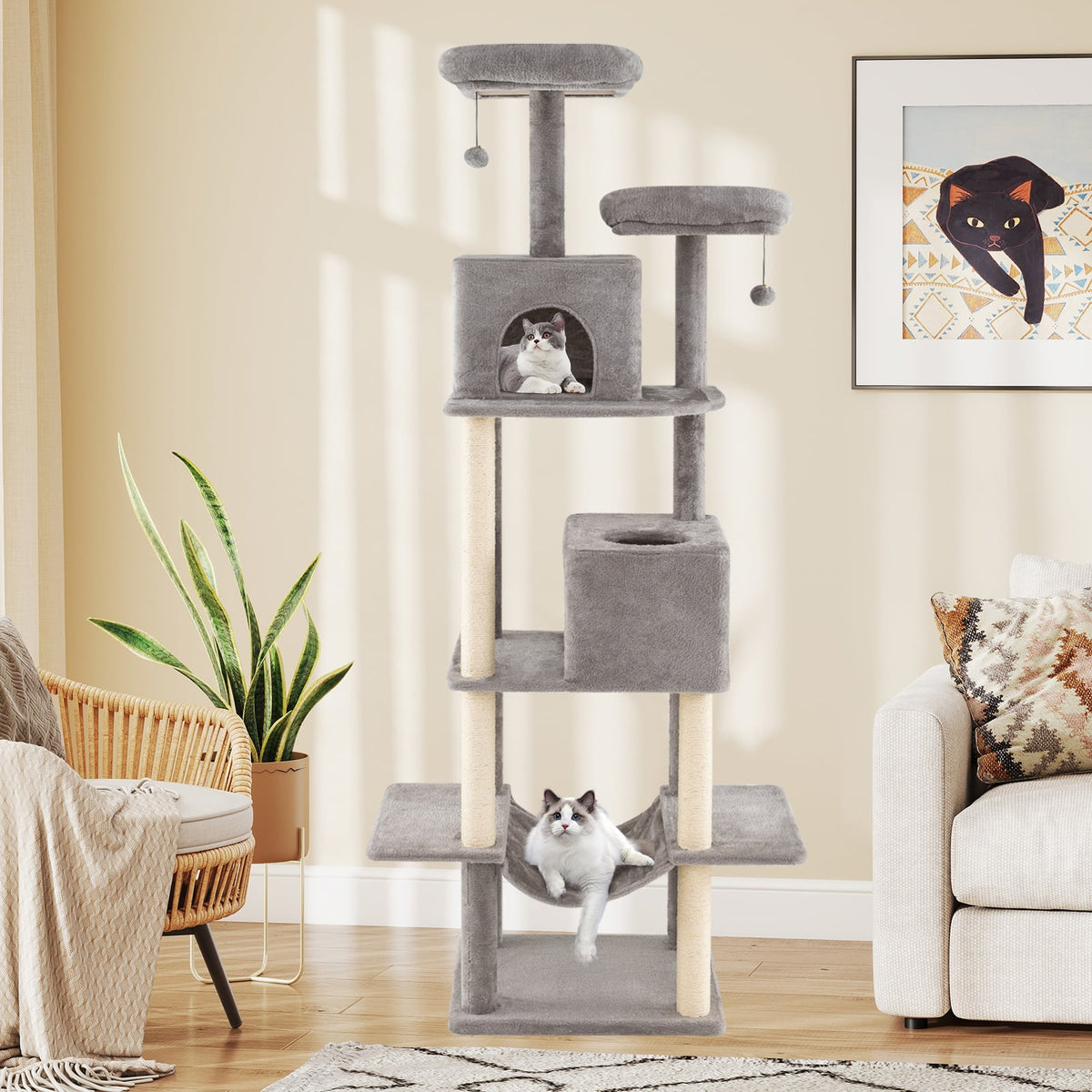 84 Inch Large Cat Tree with 2 Condos and 2 Soft Plush Perches for Indoor Cats-Gray-Cat Trees & Scratchers-DECOROLALA