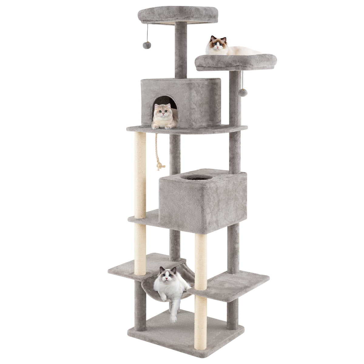 84 Inch Large Cat Tree with 2 Condos and 2 Soft Plush Perches for Indoor Cats-Gray-Cat Trees & Scratchers-DECOROLALA